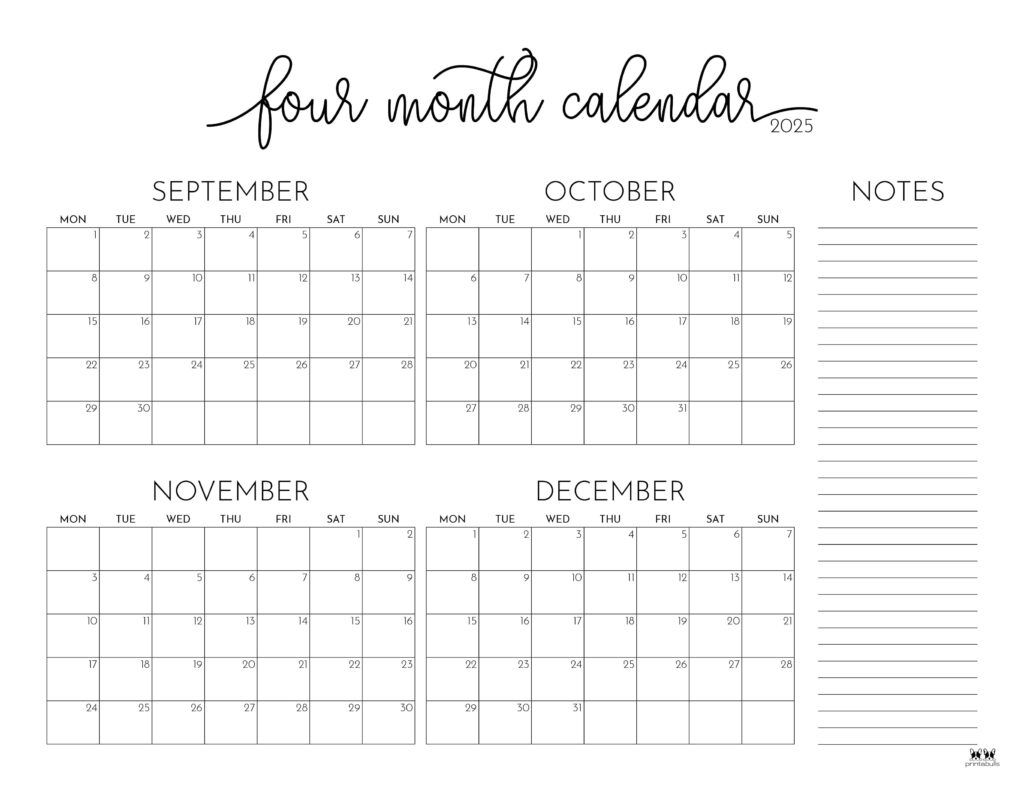 2025 Four Month Calendars - 31 Free Printables | Printabulls within October November December 2025 Calendar Printable Free