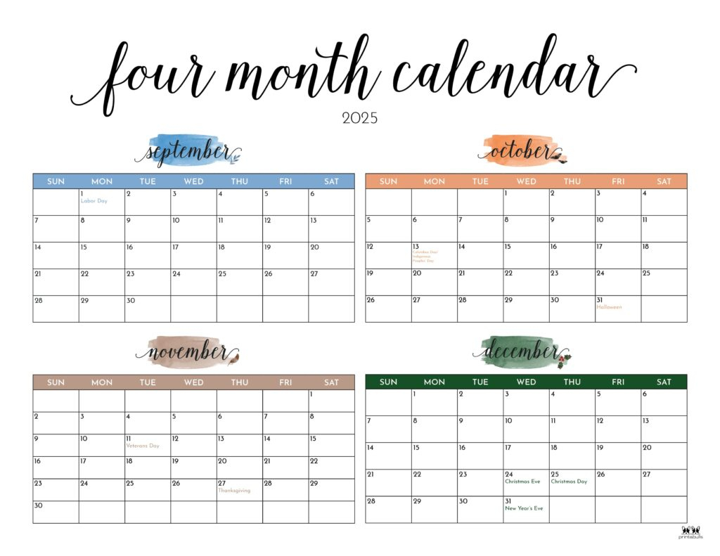 2025 Four Month Calendars - 31 Free Printables | Printabulls within Printable Calendar August 2025 To December 2025