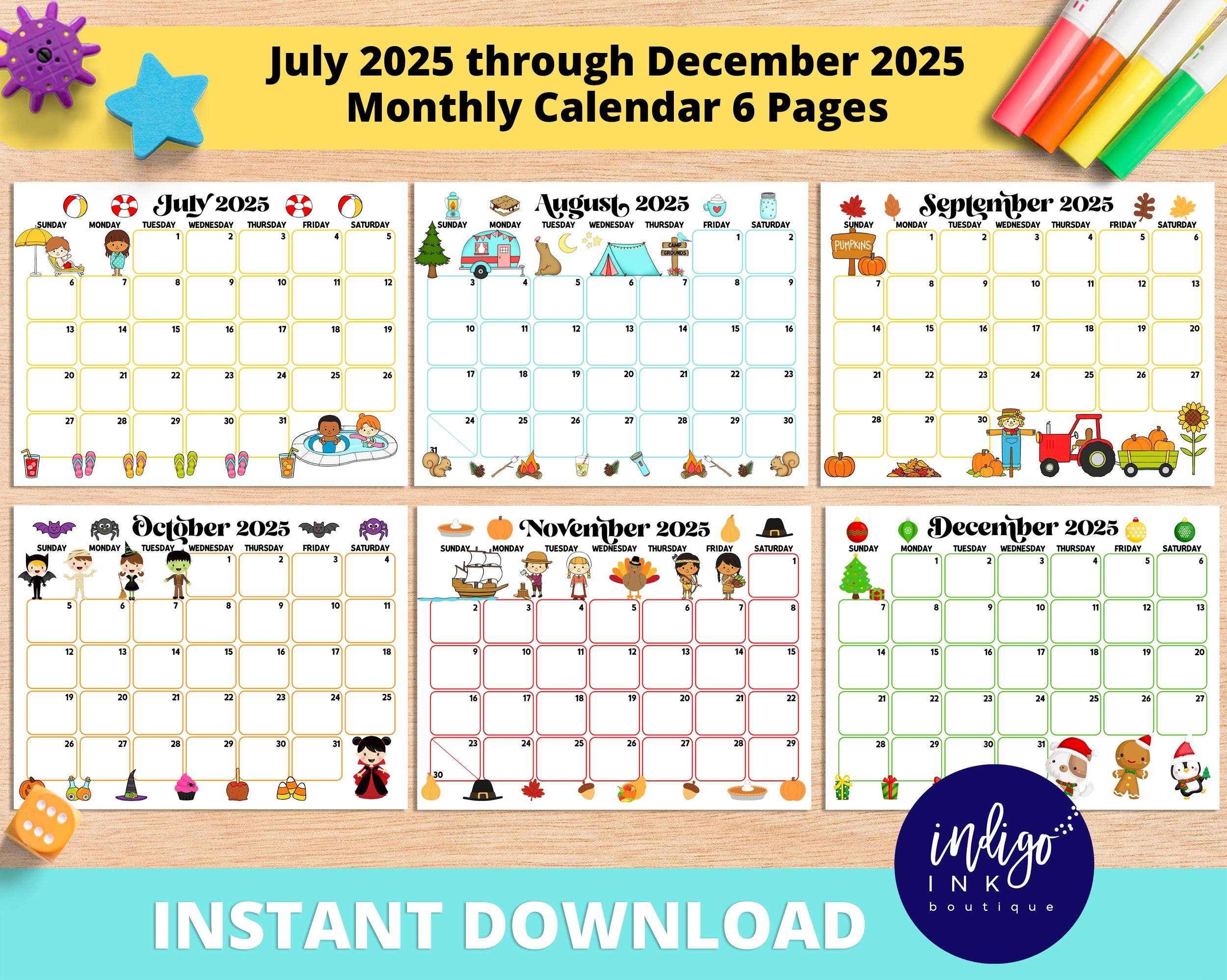 2025 Monthly Calendar Printable Instant Download | July 2025 throughout July To December 2025 Calendar Printable