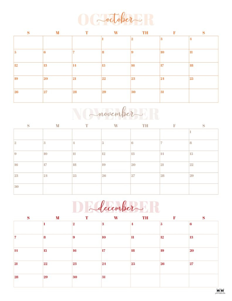 2025 Three Month/Quarterly Calendars - 36 Free Cals | Printabulls with Printable 3 Month Calendar October November December 2025