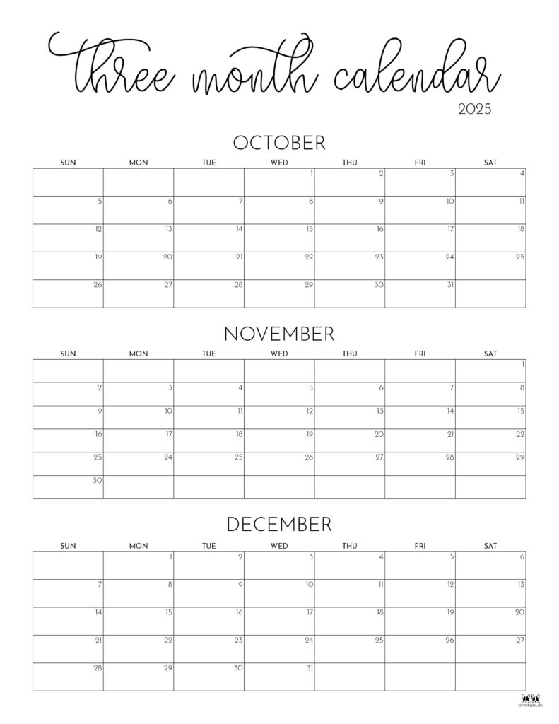 2025 Three Month/Quarterly Calendars - 36 Free Cals | Printabulls with regard to Printable 3 Month Calendar October November December 2025