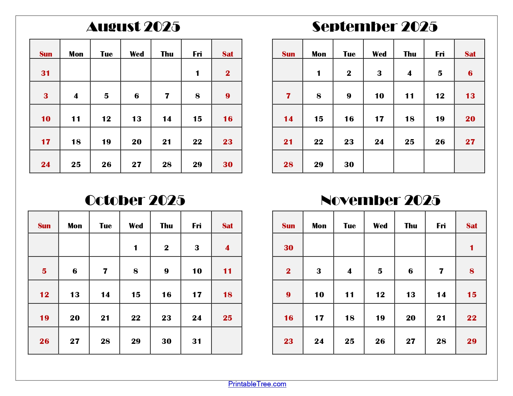 August To November 2025 Calendar Printable Pdf | Four Months Calendar for Printable Calendar August To December 2025