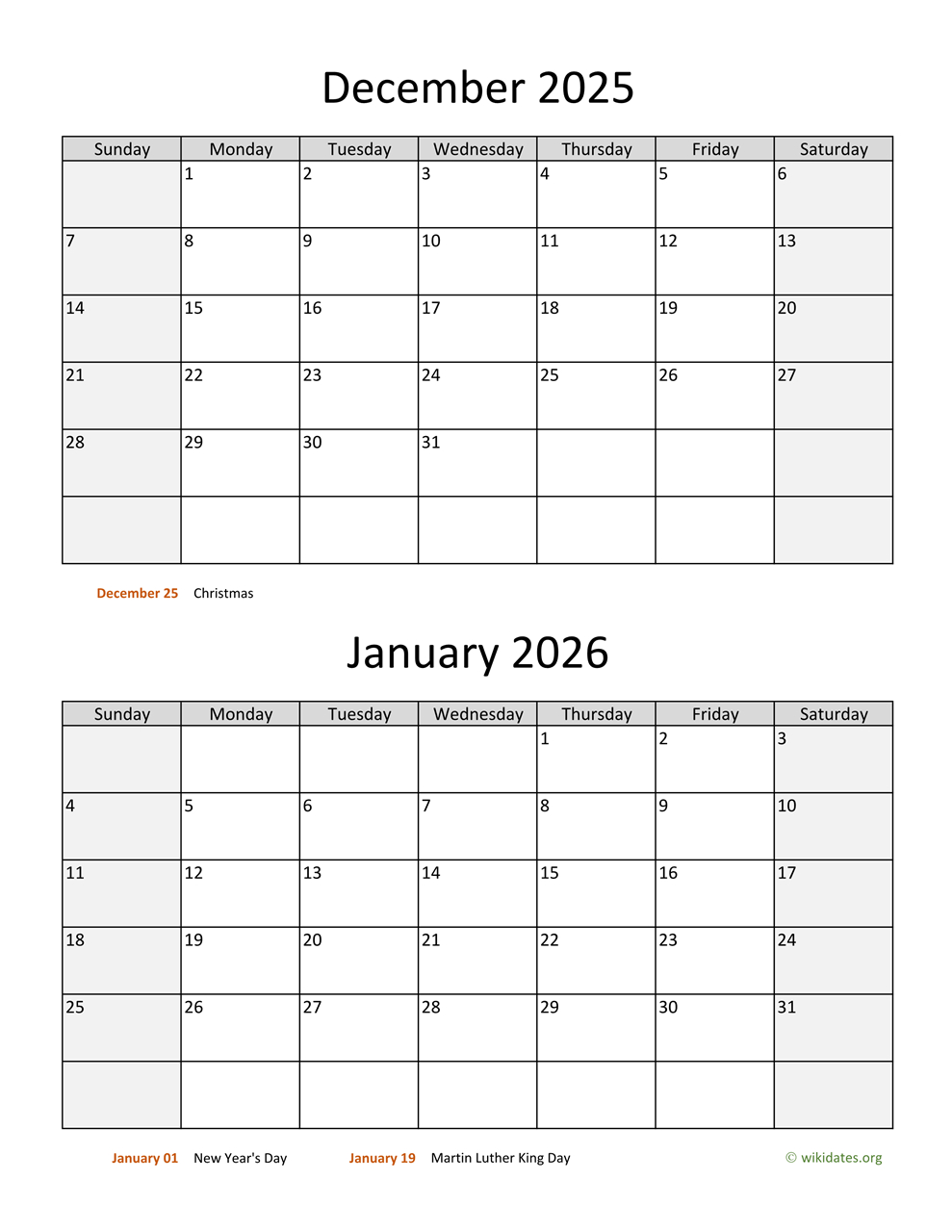 December 2025 And January 2026 Calendar | Wikidates within January To December 2025 Calendar Printable