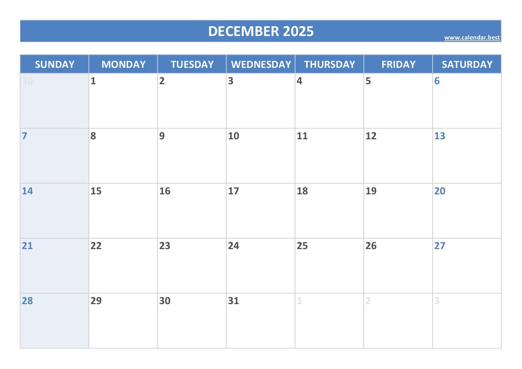 December 2025 Calendar -Calendar.best within Free Printable December 2025 Calendar