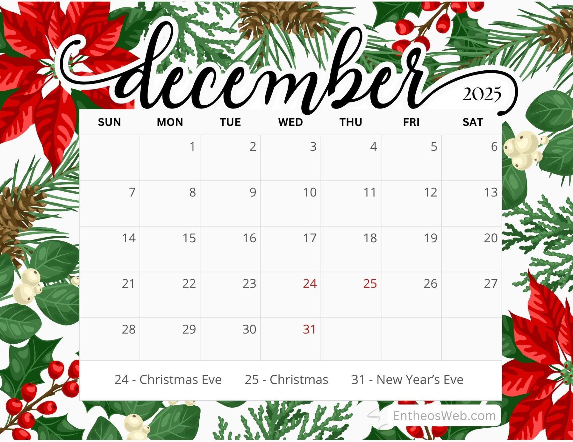 December 2025 Calendar Free Pdf Printables | Entheosweb inside December 2025 Calendar Printable Free