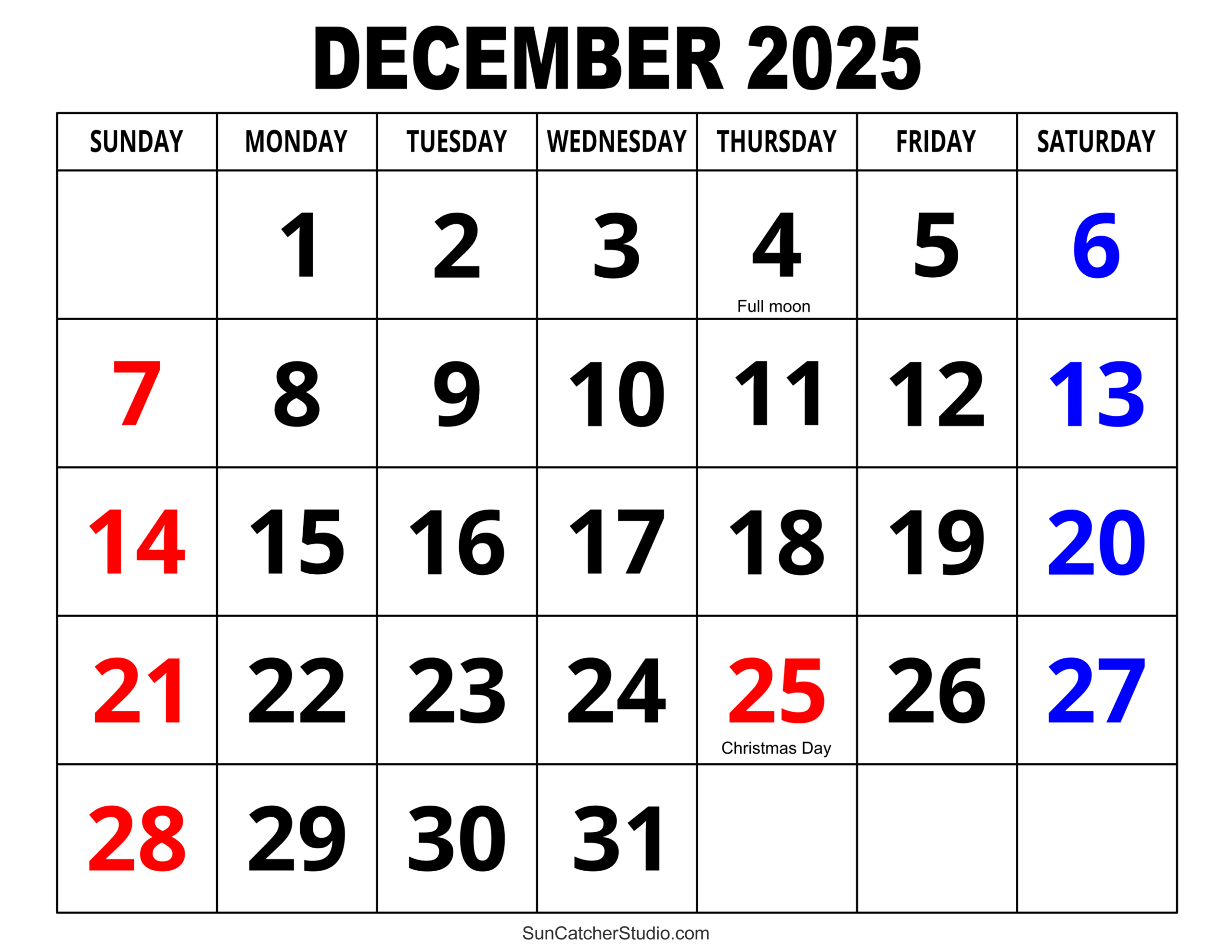 December 2025 Calendar (Free Printable) – Free Printables for December 2025 Calendar Numbers Printable