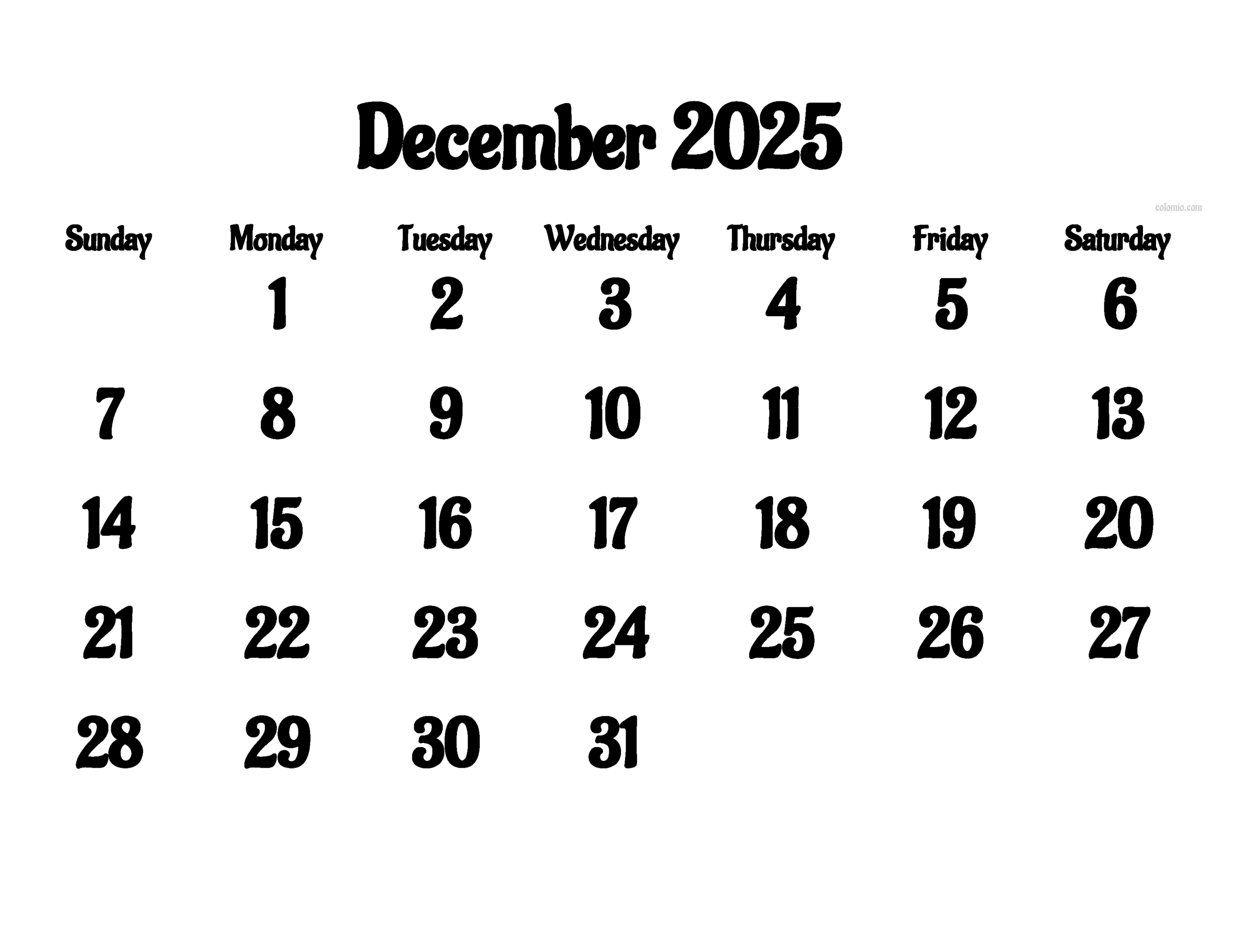 December 2025 Calendar - Free Printable Pdf, Xls And Png | Www in Free Printable December 2025 Calendar Numbers