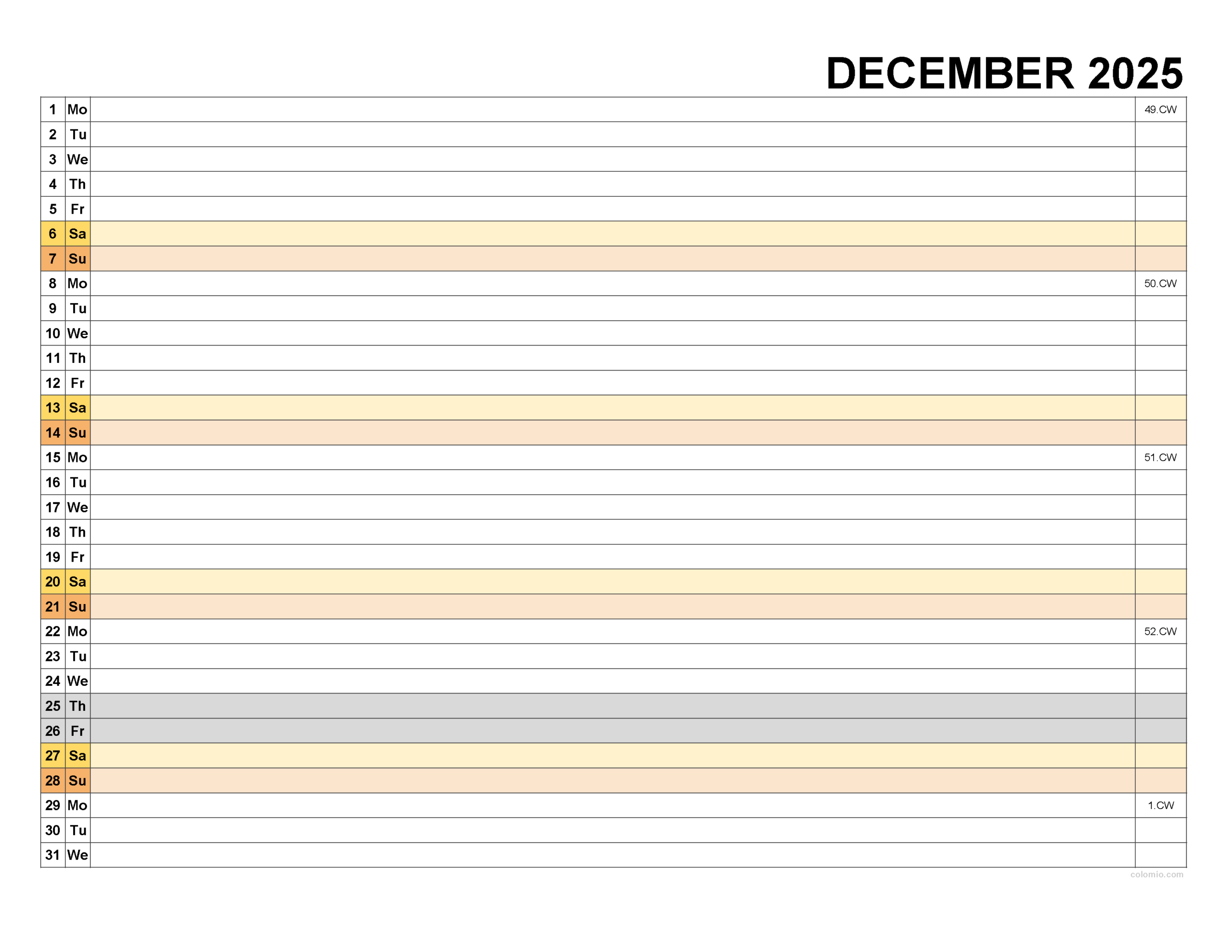 December 2025 Calendar - Free Printable Pdf, Xls And Png | Www with December 2025 Calendar With Lines Printable