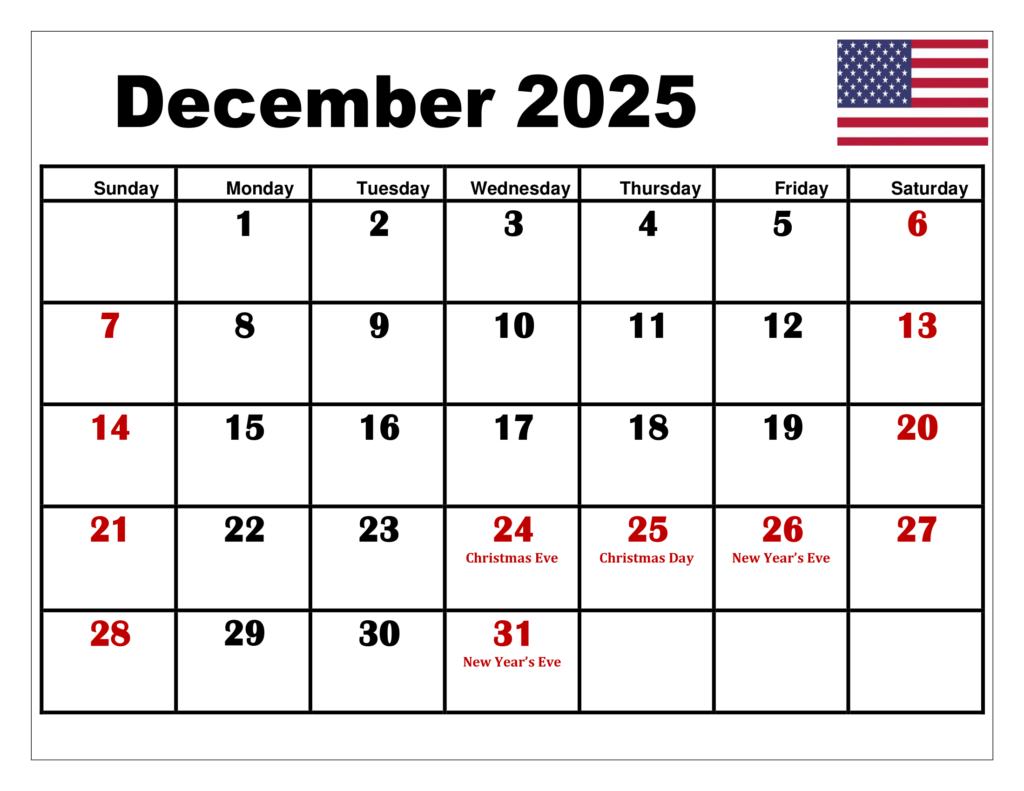 December 2025 Calendar Printable Pdf Template With Holidays regarding Printable December 2025 Calendar With Holidays
