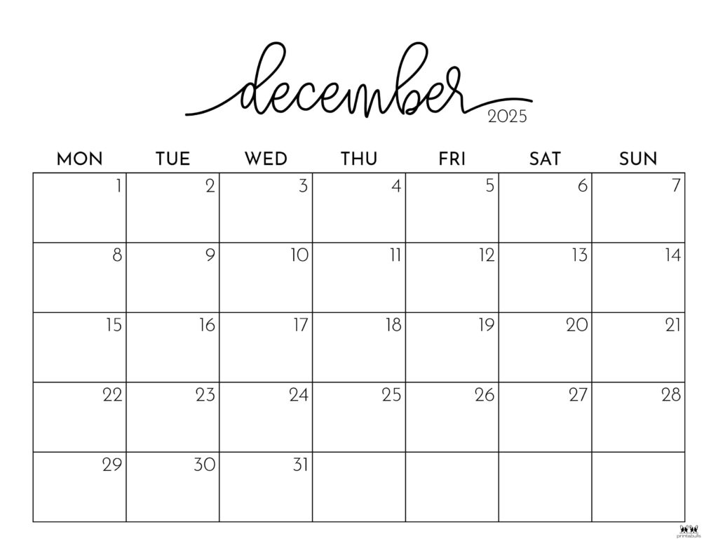 December 2025 Calendars - 107 Free Printables | Printabulls with December 2025 Calendar Printable