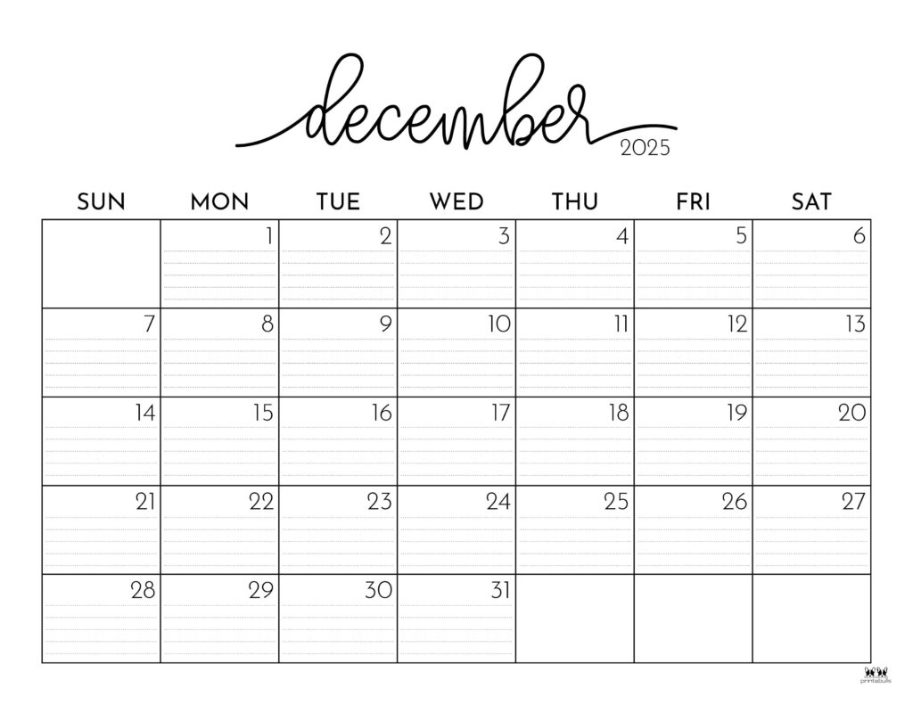 December 2025 Calendars - 107 Free Printables | Printabulls with Printable December 2025 Calender