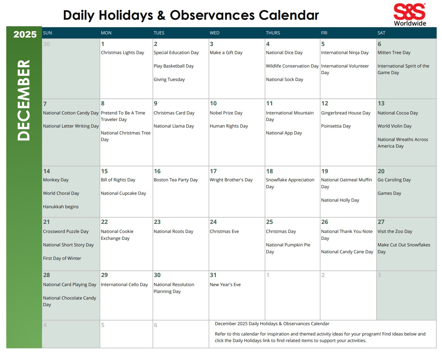 December Daily Holidays & Observances Printable Calendar - S&S Blog for December 2025 Daily Calendar Printable