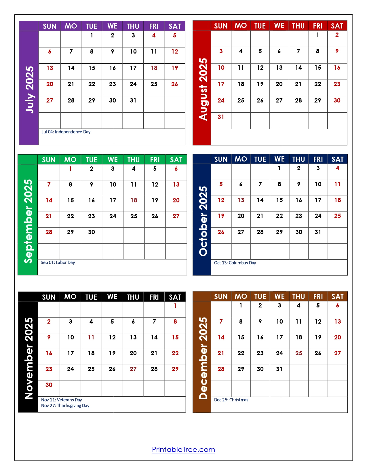 July To December 2025 Calendar Printable Pdf | Six Months Calendar with July to December 2025 Calendar Printable