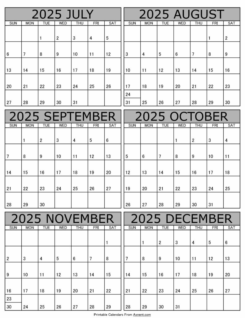 July To December 2025 Calendar Templates - Six Months within Printable Calendar July To December 2025