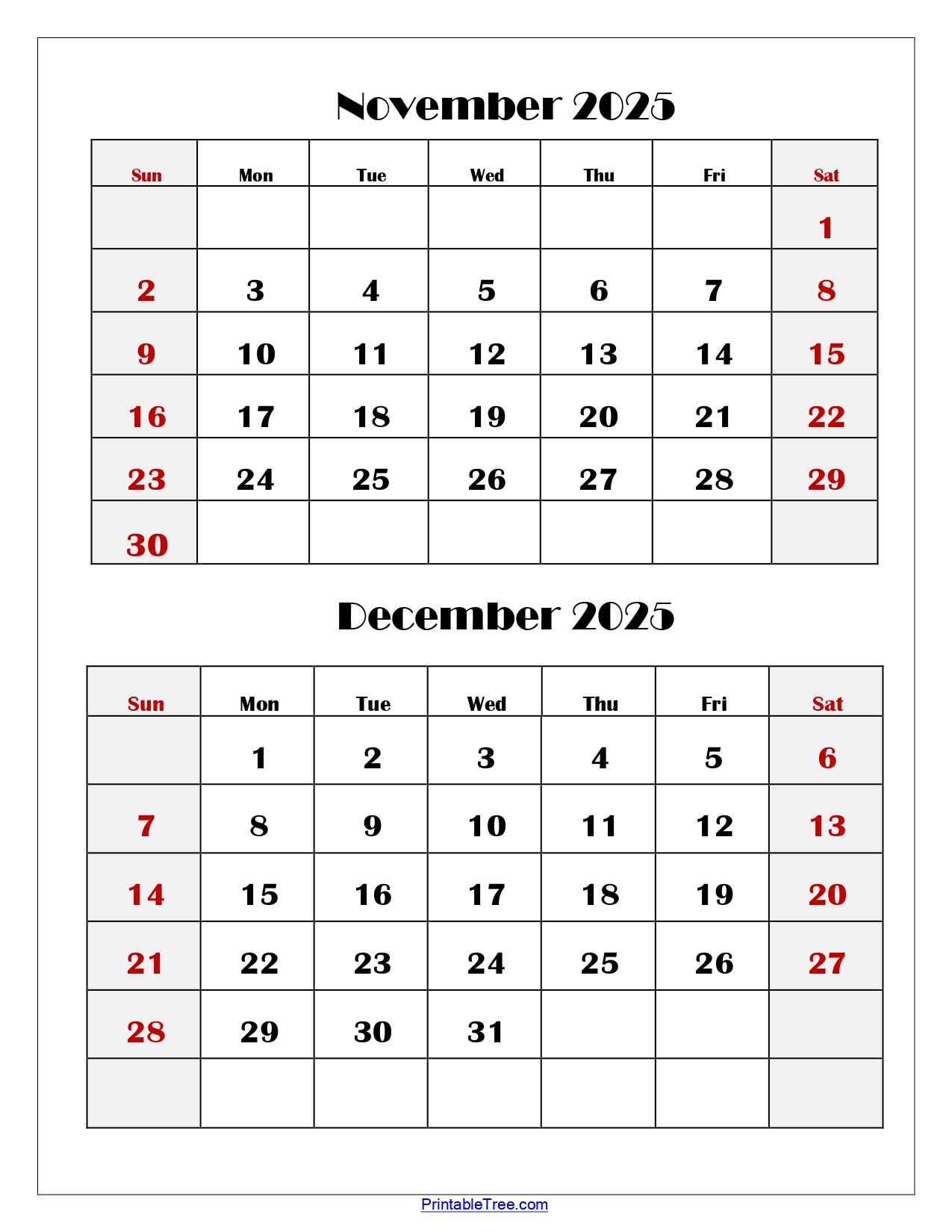 November And December 2025 Calendar Printable Pdf | Two Months in November December 2025 Printable Calendar