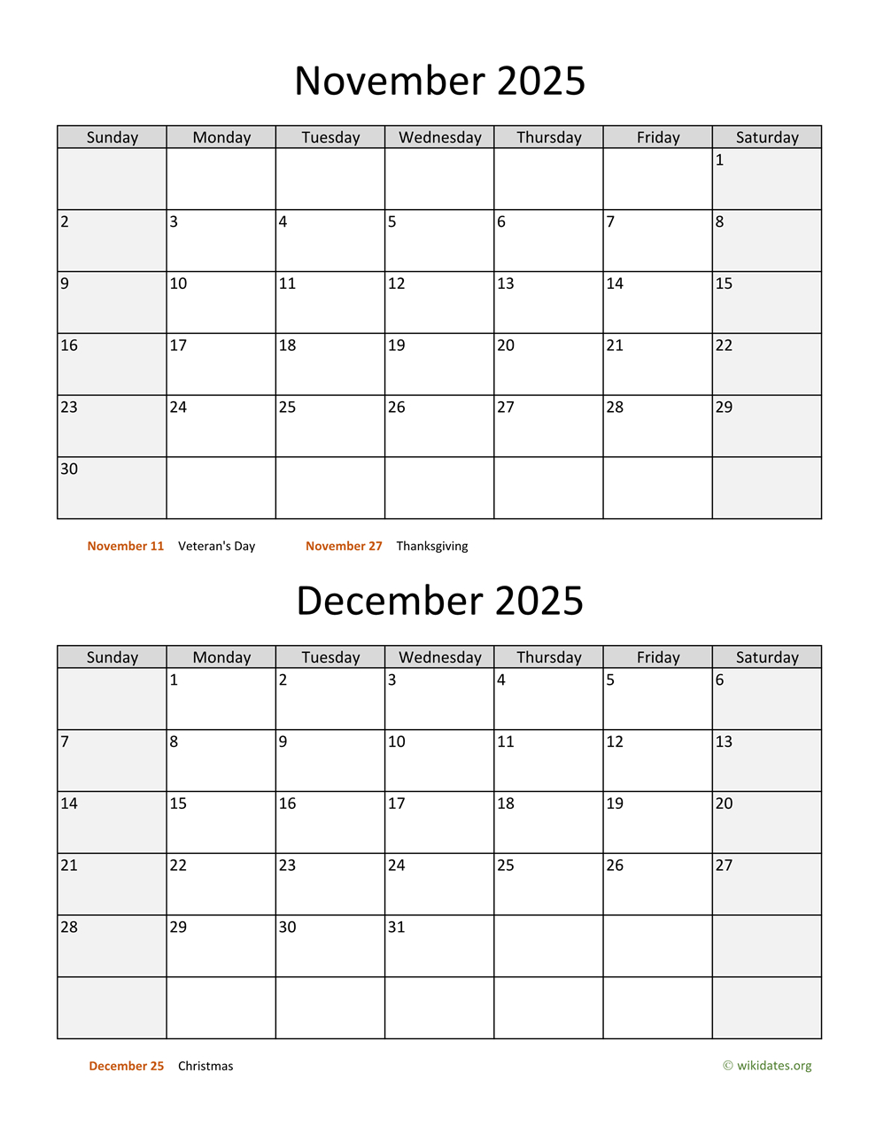 November And December 2025 Calendar | Wikidates within Printable Calendar For November And December 2025