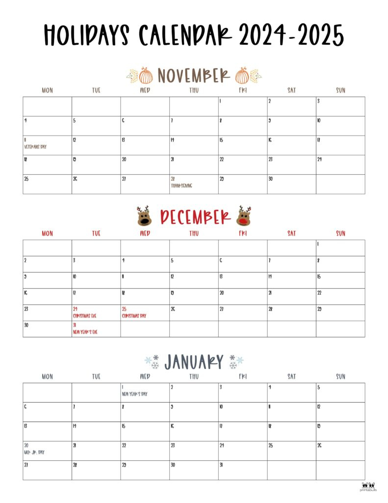 November December 2024 Calendars - 28 Printables | Printabulls in November December 2025 January Printable Calendar