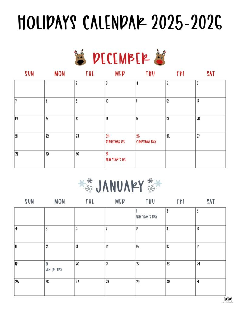 November December 2025 Calendars - 28 Printables | Printabulls for December 2025 January 2026 Calendar With Holidays Printable