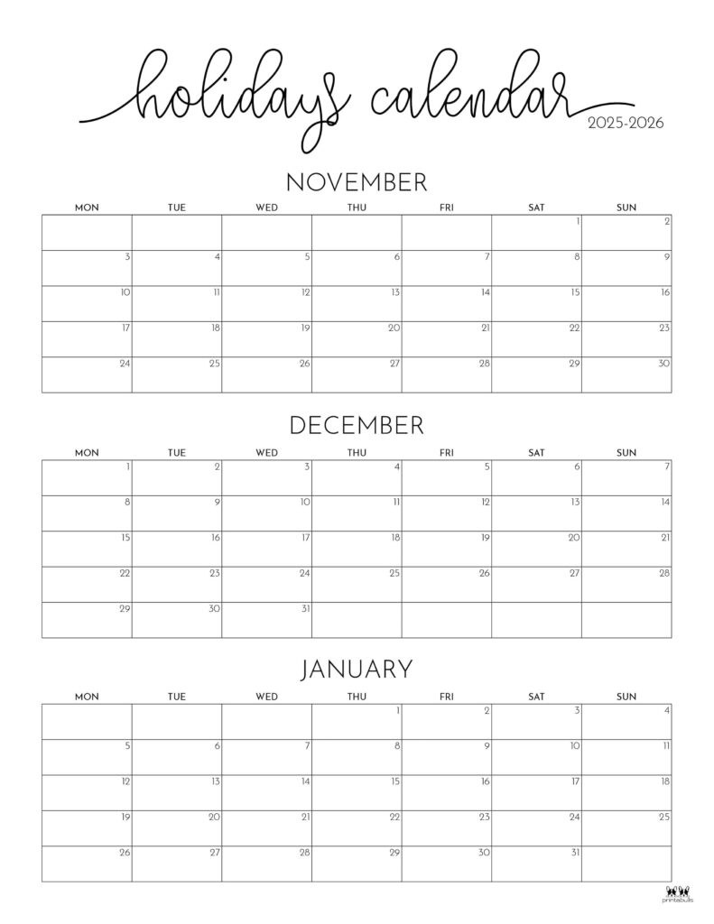 November December 2025 Calendars - 28 Printables | Printabulls inside November December 2025 January 2026 Calendar Printable