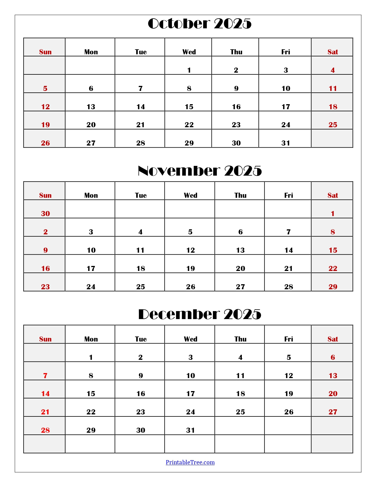 October To December 2025 Calendar Printable Pdf | Three Months inside Printable Calendar 2025 October November December