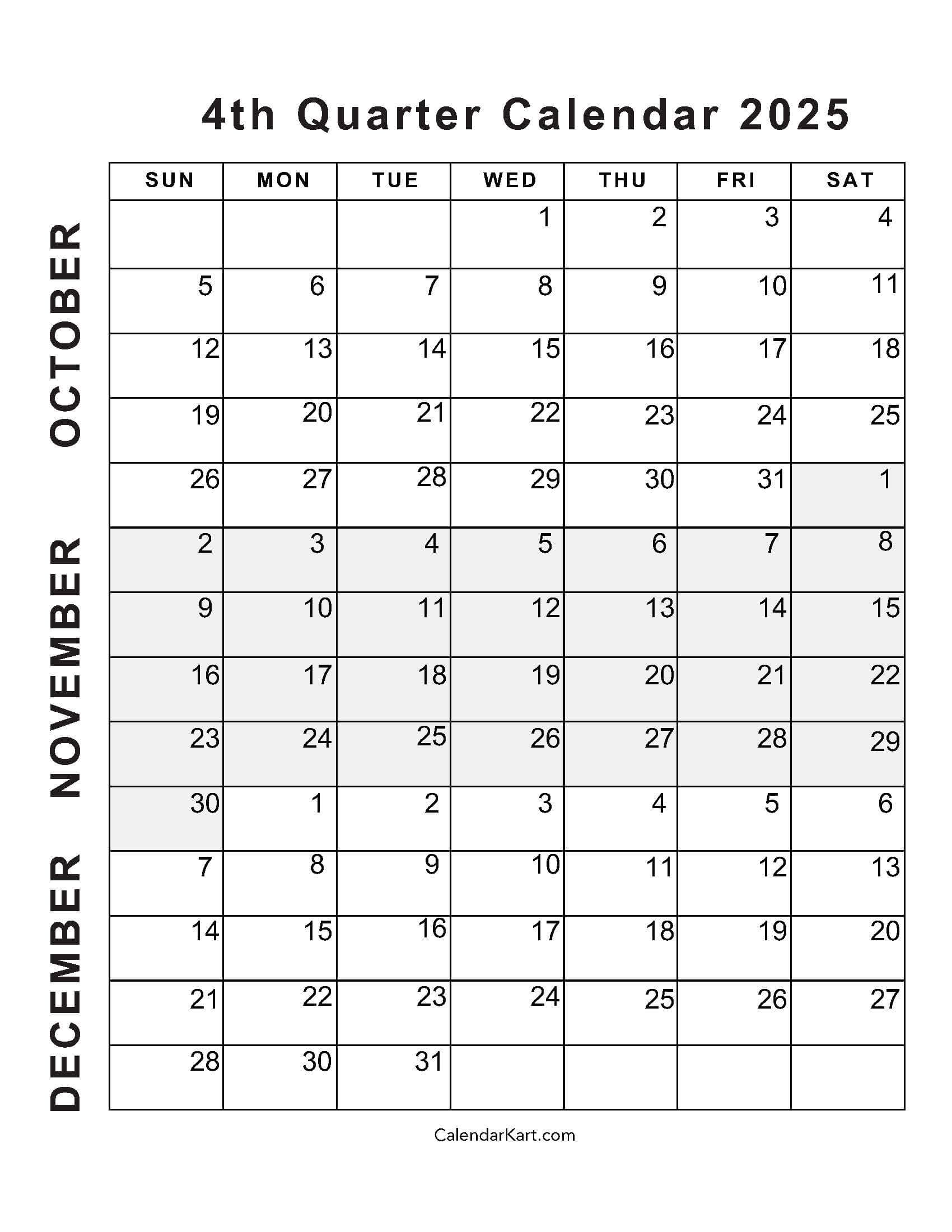October To December 2025 Calendar (Q4) - Calendarkart in October November December 2025 Printable Calendar