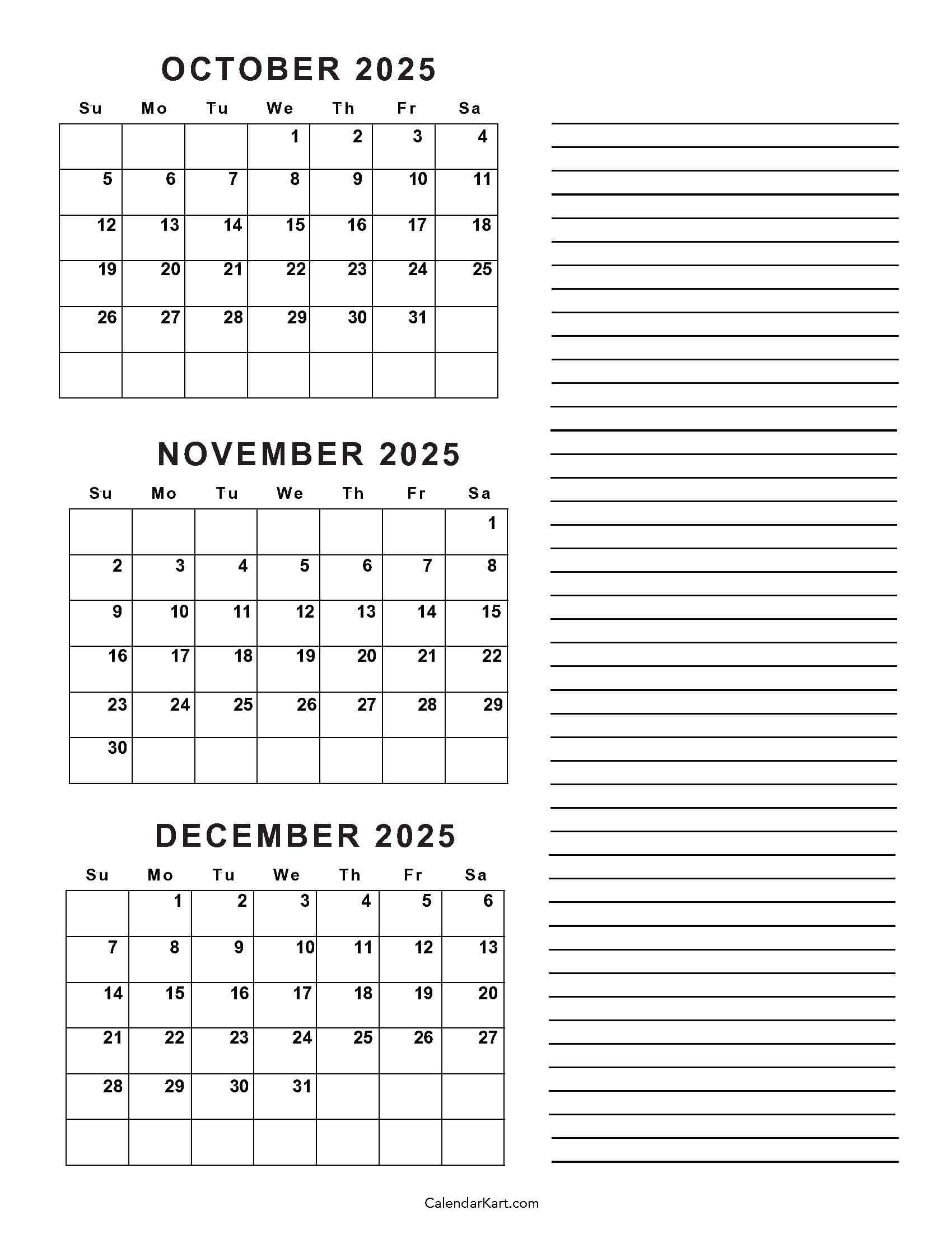 October To December 2025 Calendar (Q4) - Calendarkart inside October November December 2025 Calendar Printable