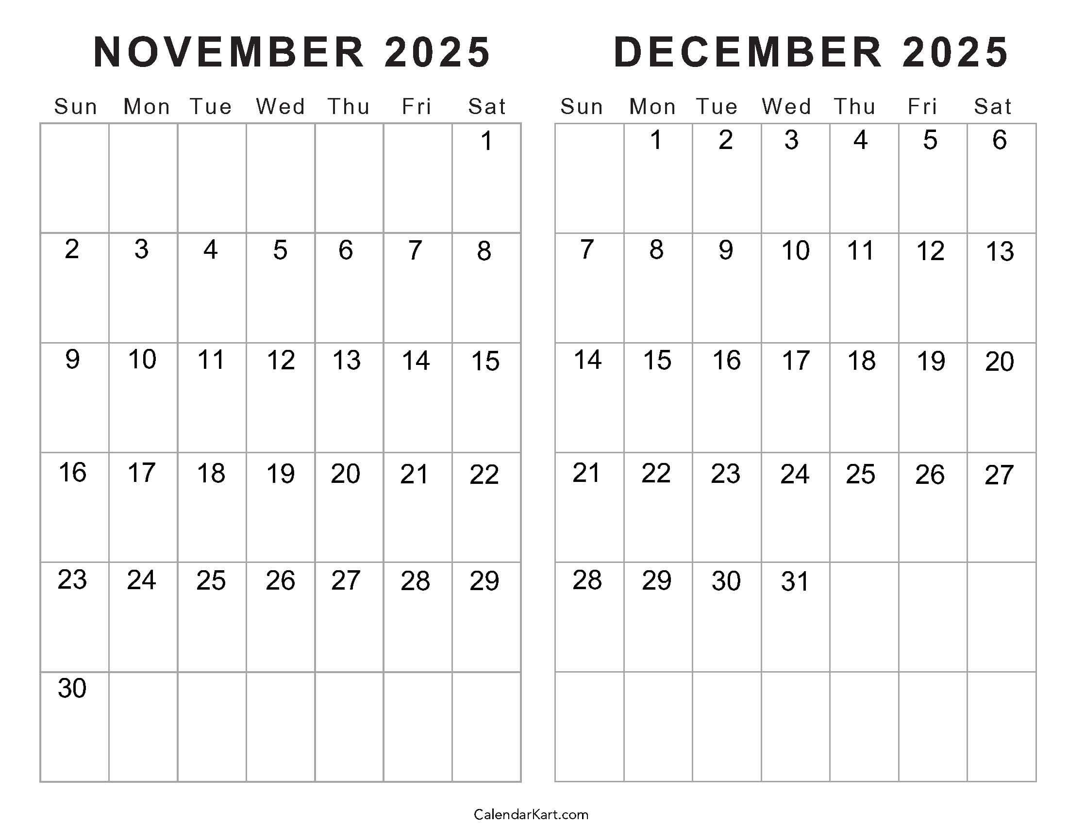 Printable November December 2025 Calendars | Calendarkart for November and December 2025 Calendar Printable