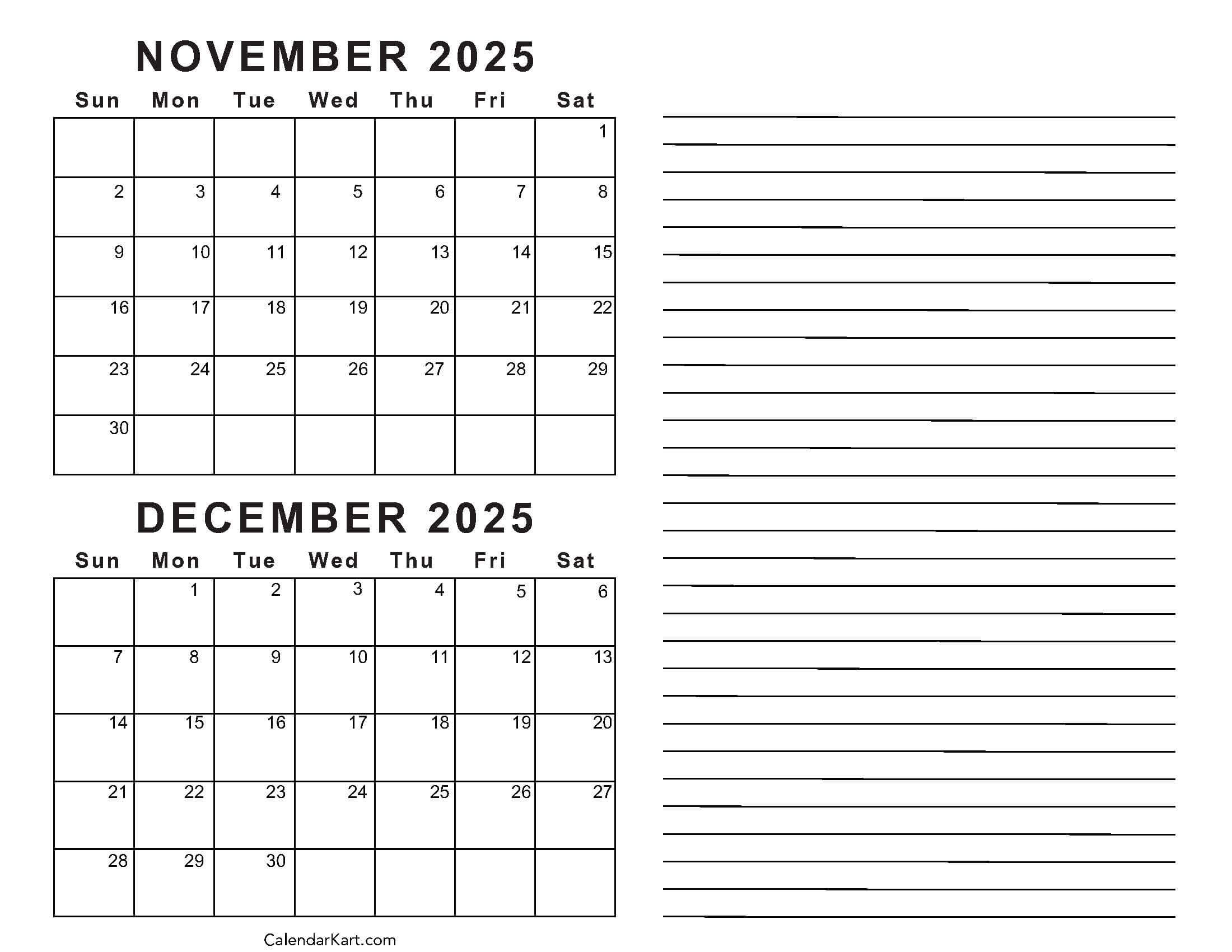 Printable November December 2025 Calendars | Calendarkart regarding November and December 2025 Calendar Printable
