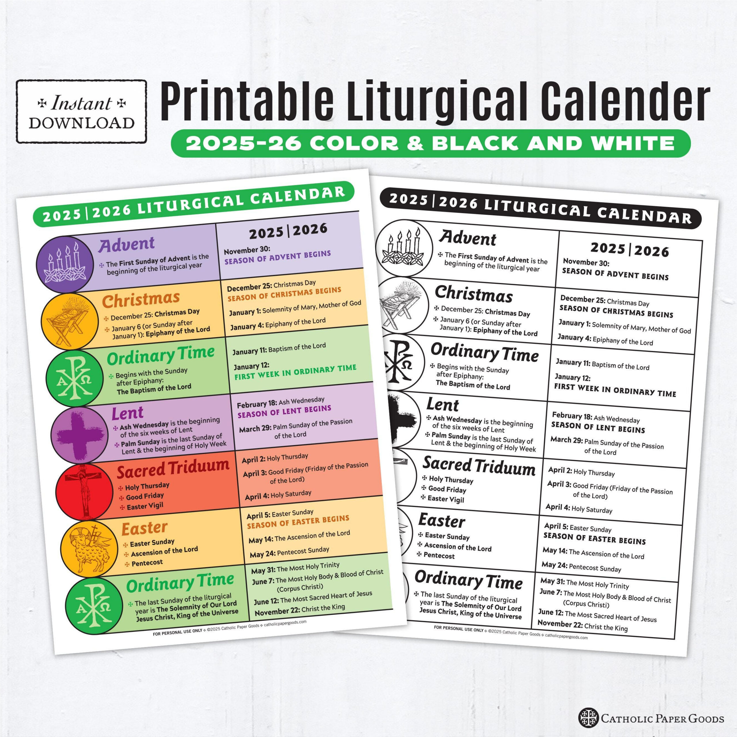 2025-26 Catholic Liturgical Calendar: Color &amp;amp; Bw Printable (Pdf inside NZ Catholic Liturgical Calendar 2026
