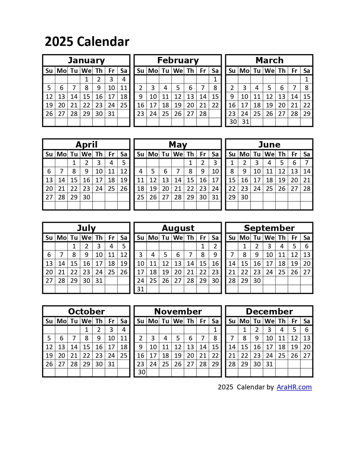 2025 Calendar - Yearly - Monthly - Free - Printable - Template throughout Free Printable Employee Attendance Calendar
