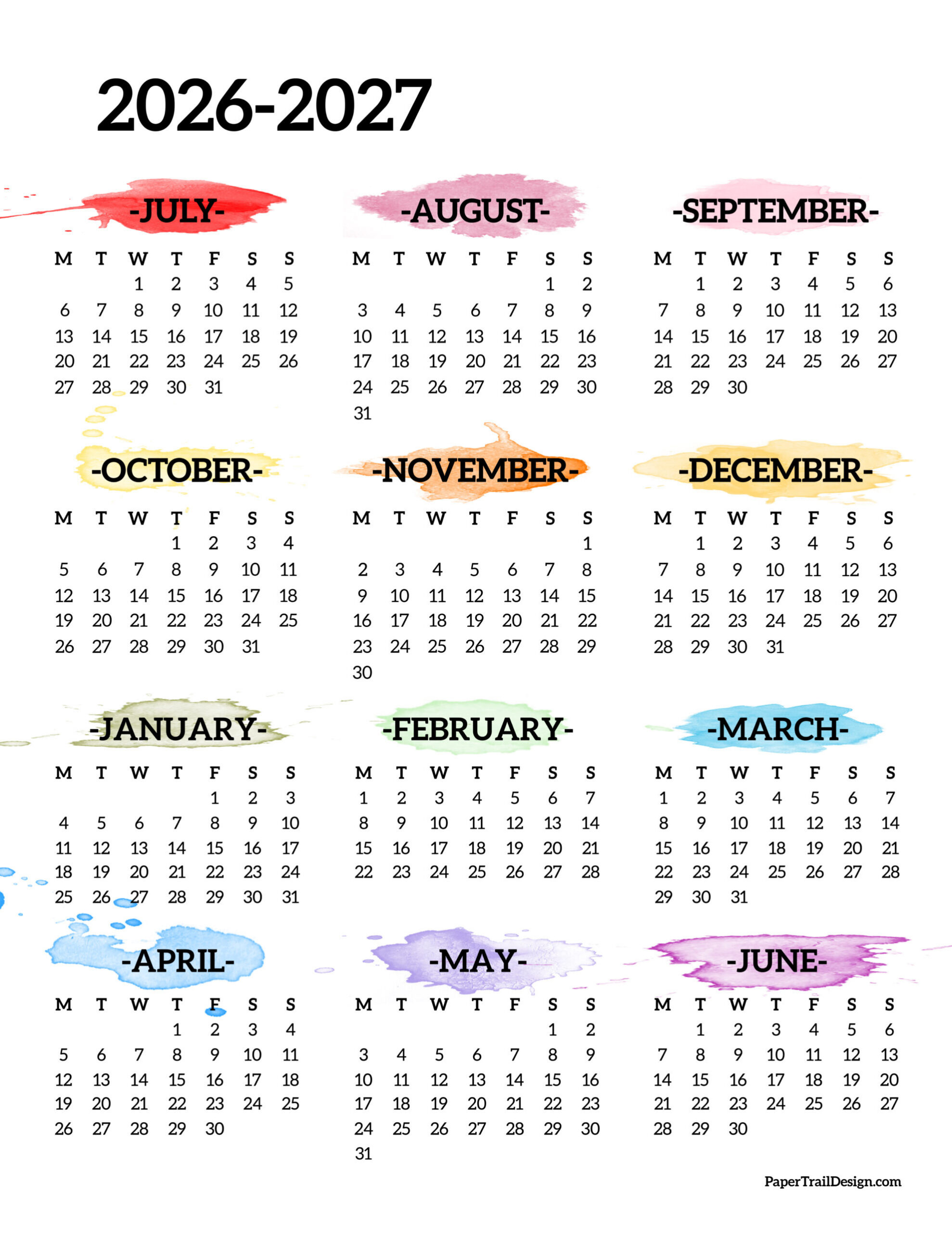 2026-2027 School Year Calendar Free Printable - Paper Trail Design pertaining to K12 Calendar 2026 - 2027