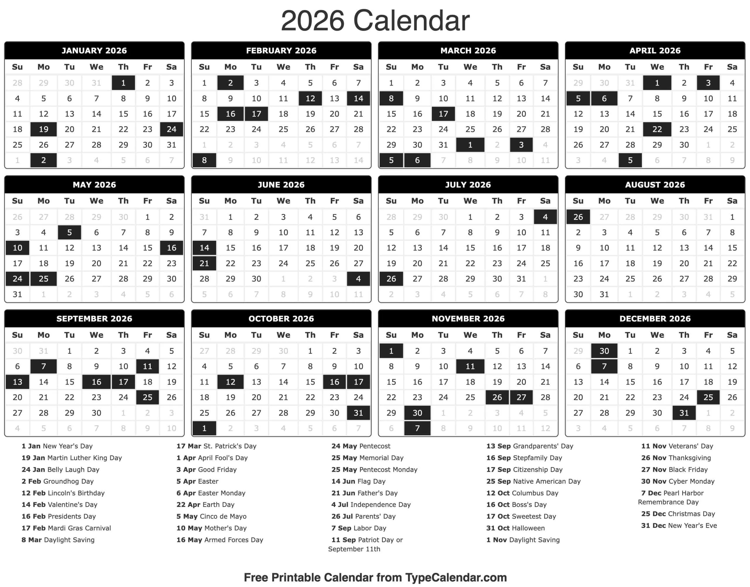 2026 Calendar - Free Printable Calendar With Holidays regarding Yearly Event Calendar 2026