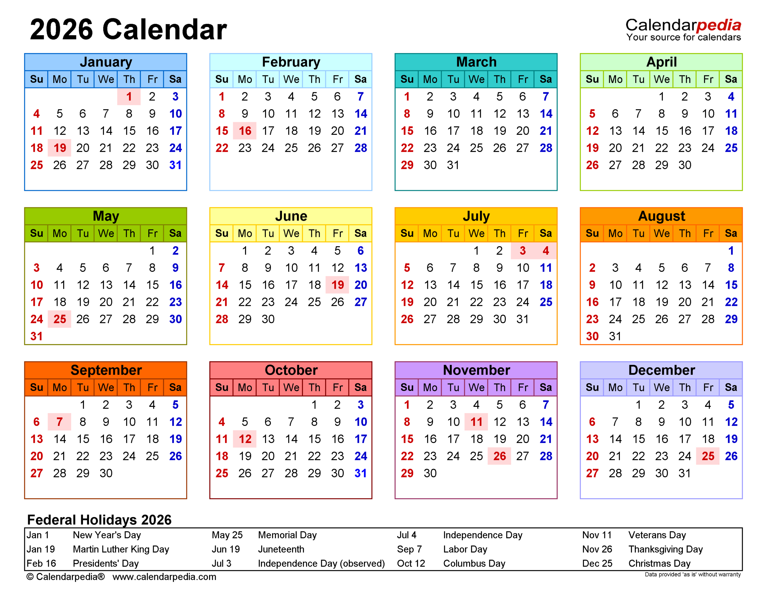 2026 Calendar - Free Printable Pdf Templates | Calendarpedia throughout At A Glance Calendars For 2026