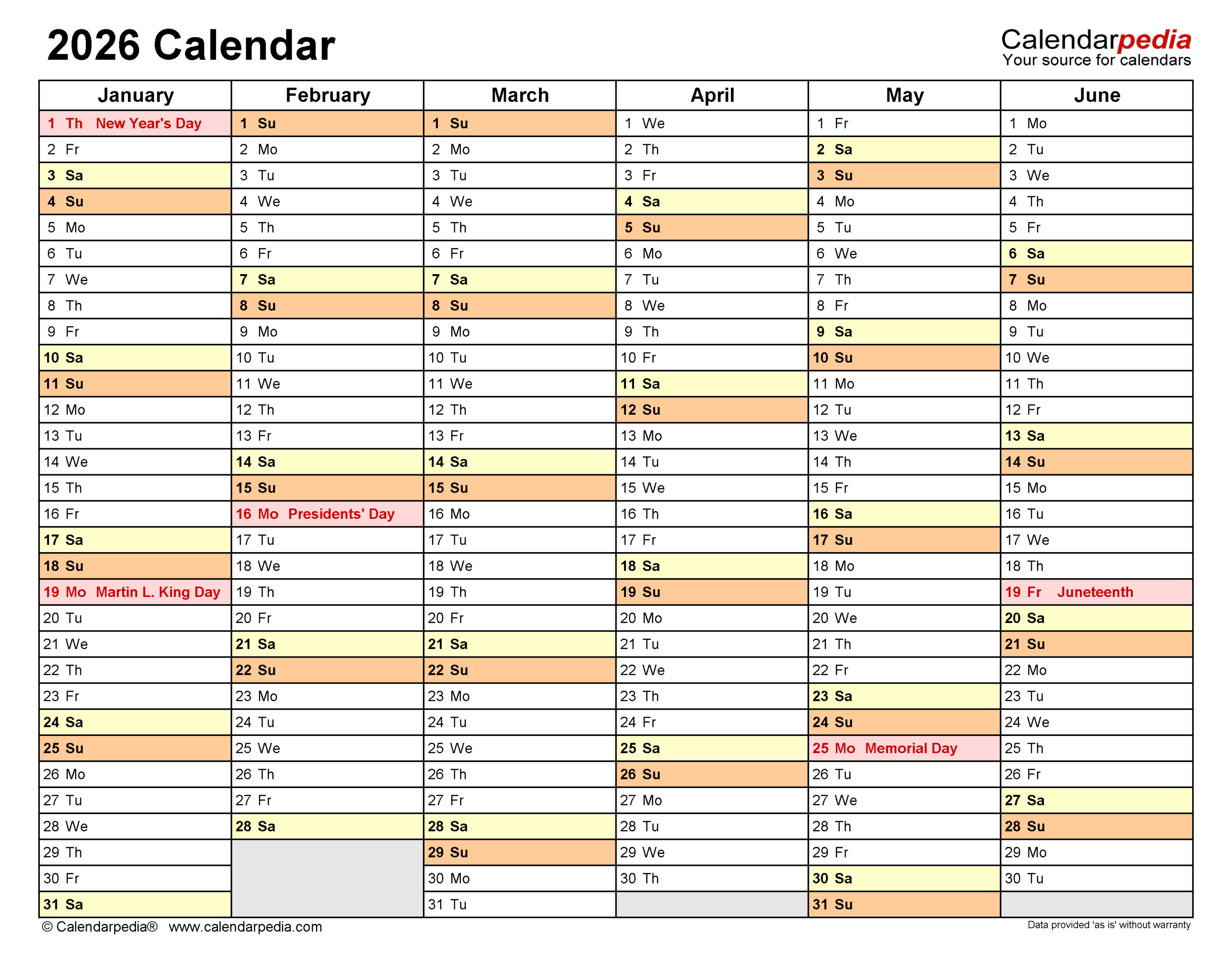 2026 Calendar - Free Printable Pdf Templates | Calendarpedia with regard to Employee Attendance Calendar 2026 Printable