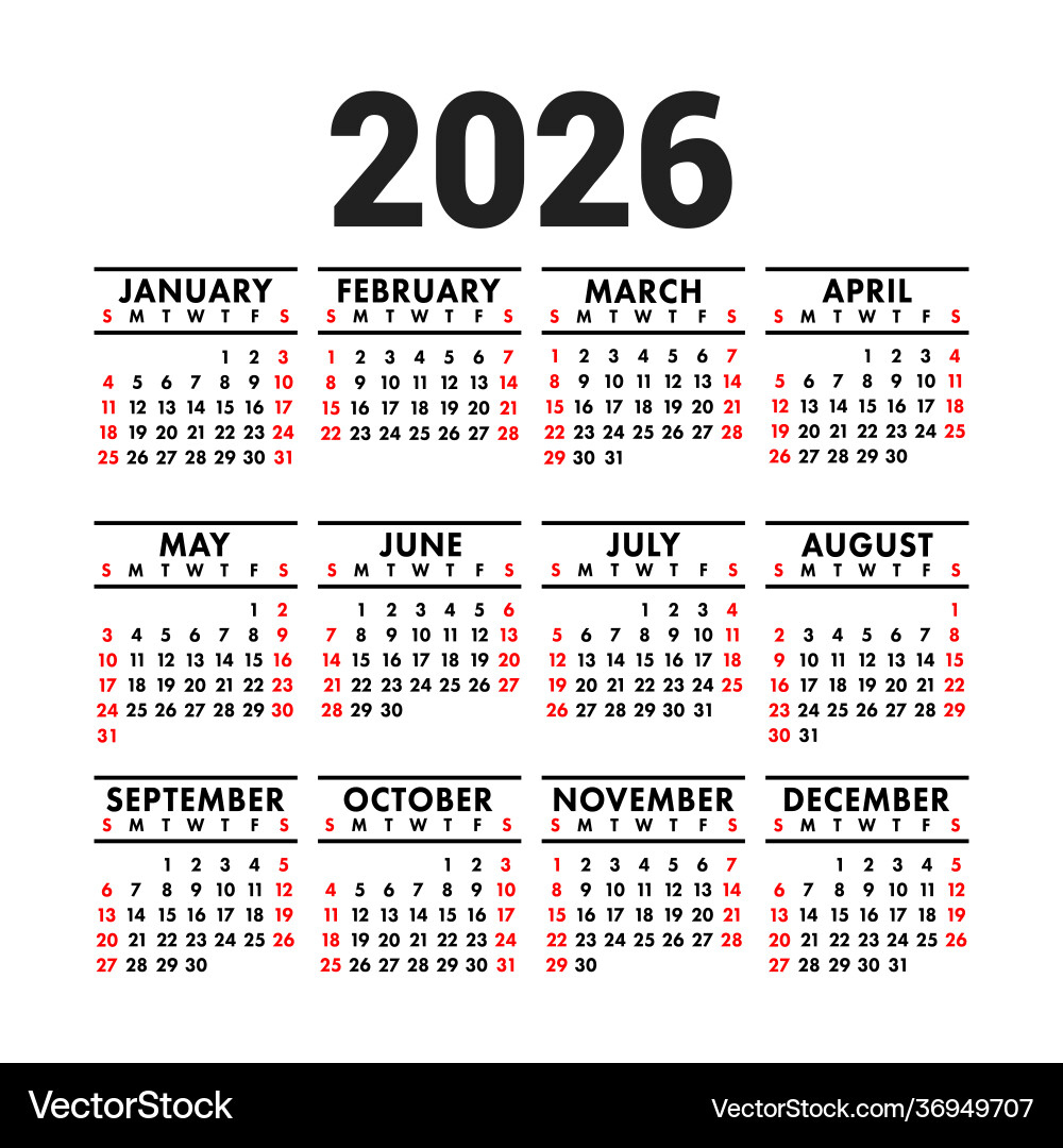 2026 Calendar - Square Wall/Pocket – Lizenzfreie Vektorgrafik in Calendar 2026 And 2026