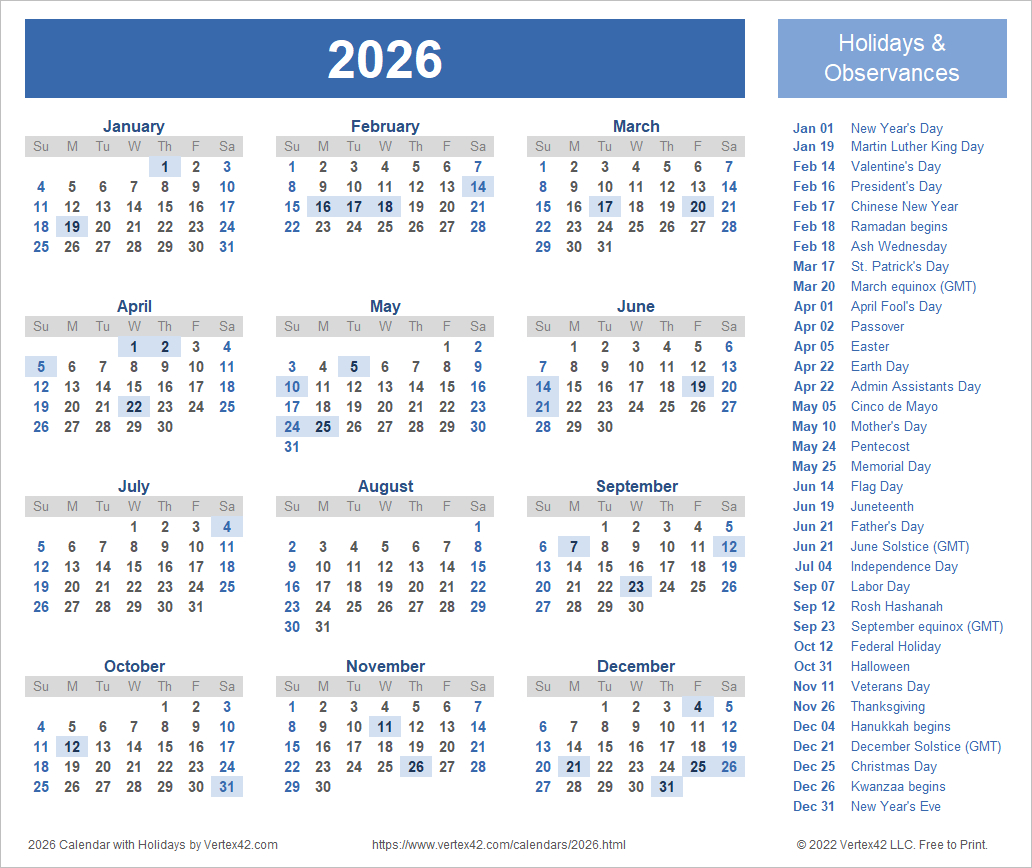 2026 Calendar Templates And Images regarding 2026 Yearly Calendar With Holidays