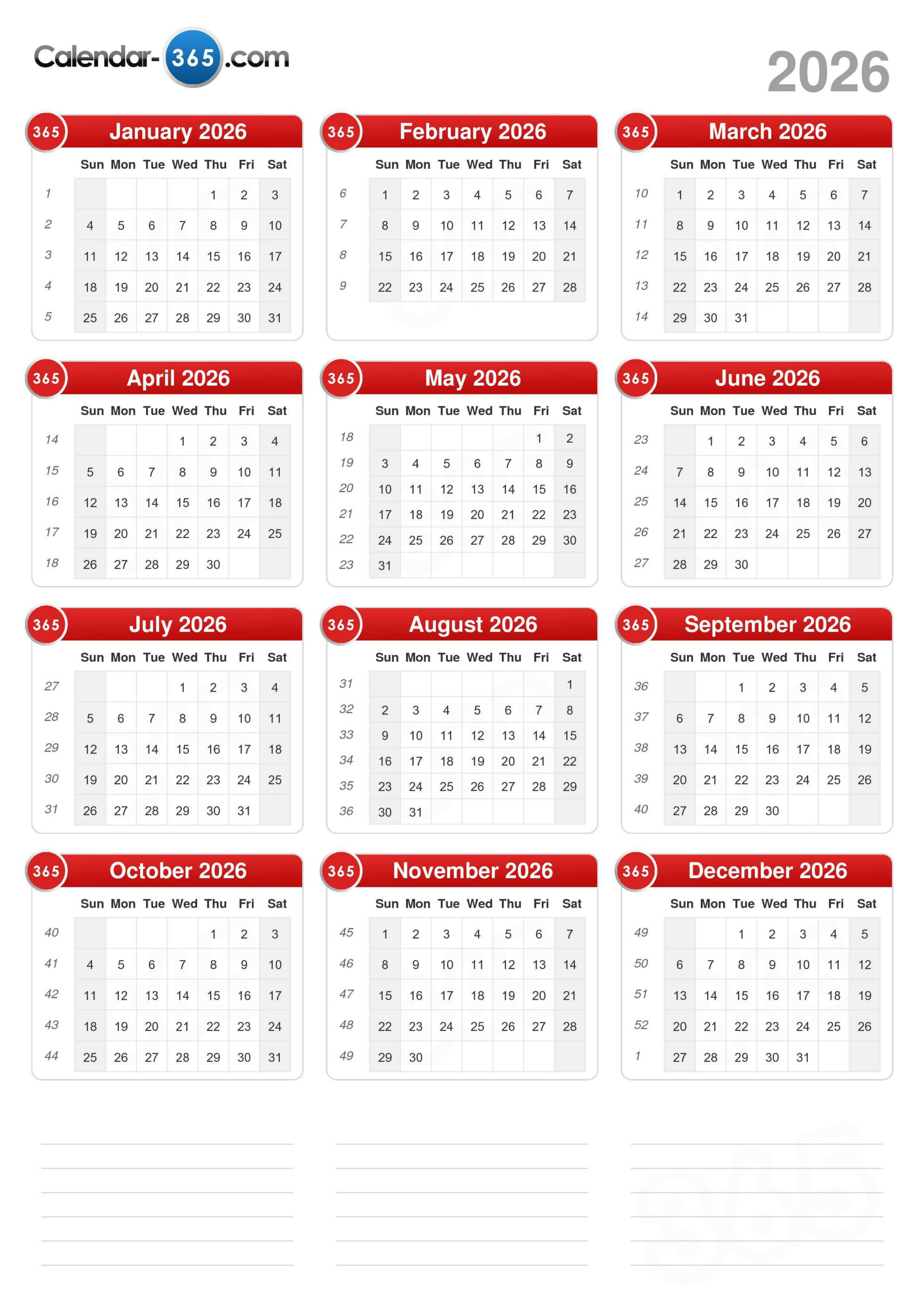 2026 Calendar with Calendar For Year 2026 (United States)