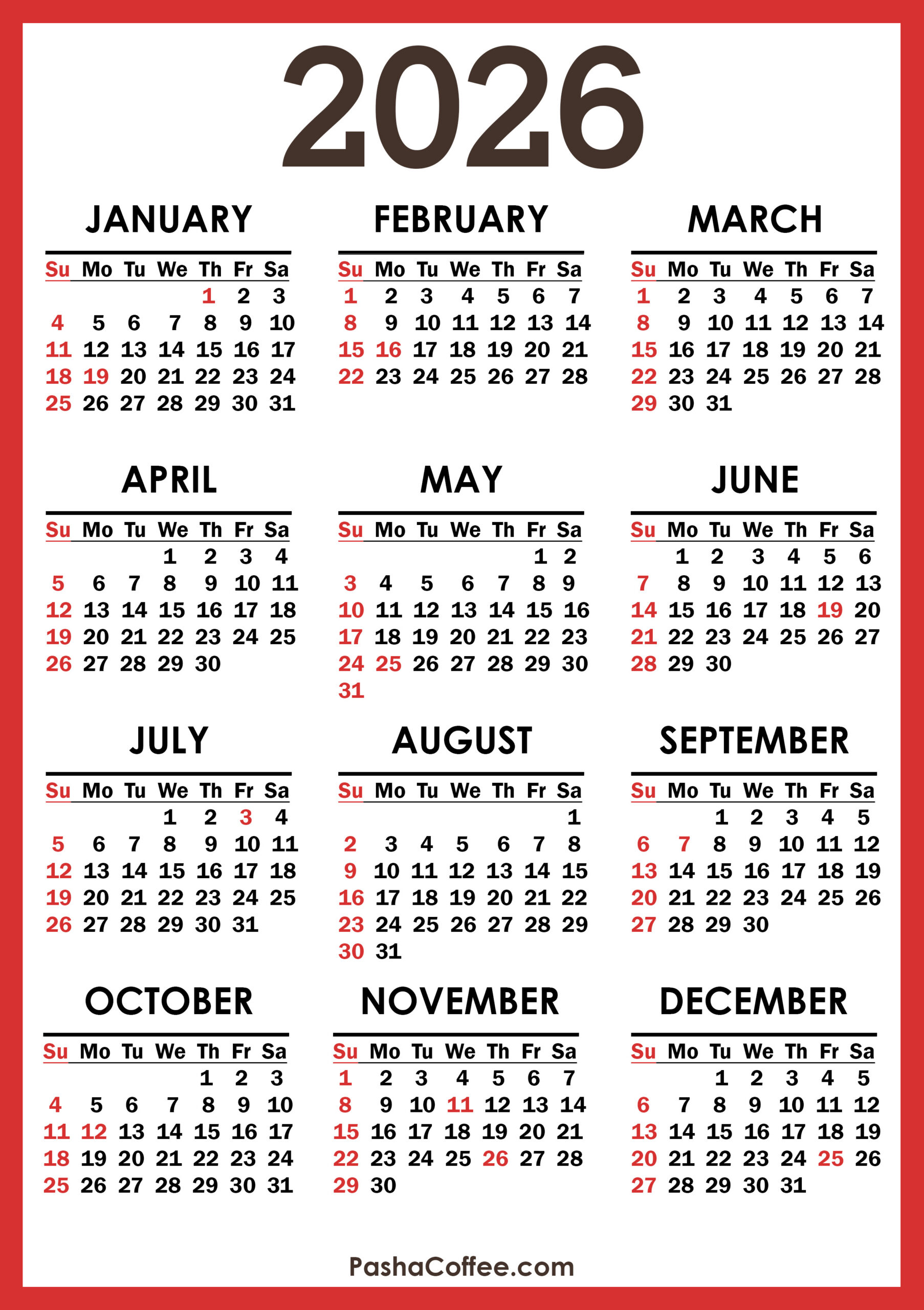 2026 Calendar With Holidays, Printable Free, Vertical, Red in 2026 Calendar Year with Holidays