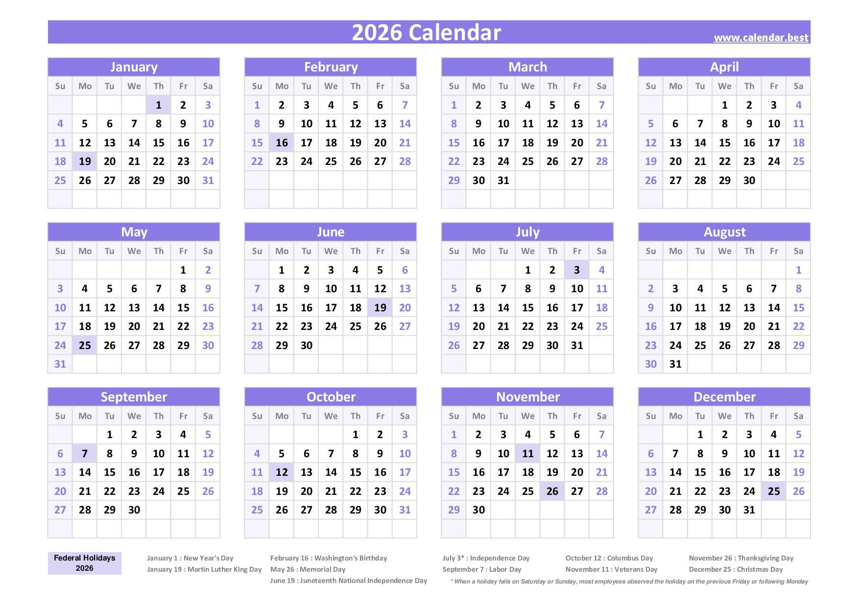 2026 Calendar With Holidays (Us Federal Holidays) within Calendar For Year 2026 (United States)