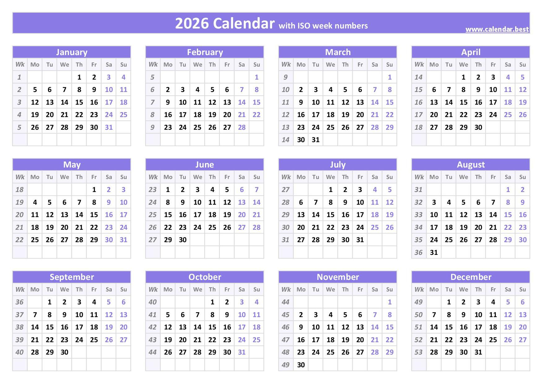 2026 Calendar With Week Numbers (Us And Iso Week Numbers) within What Calendars Work In 2026?
