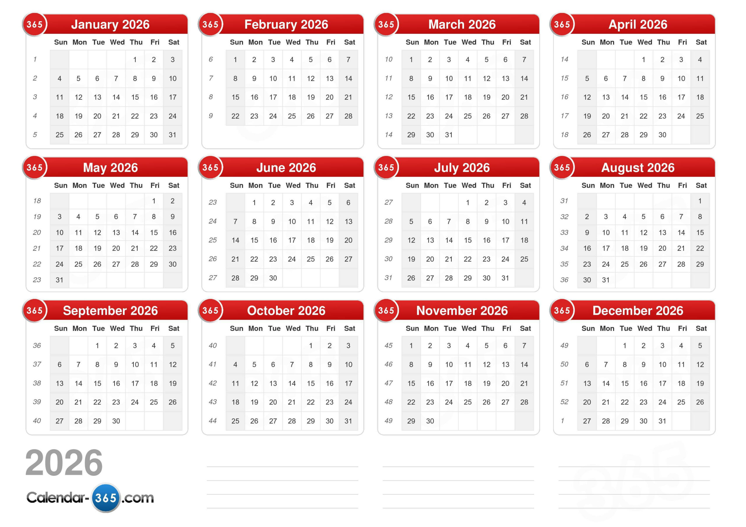 2026 Calendar within Number of Weekends in 2026