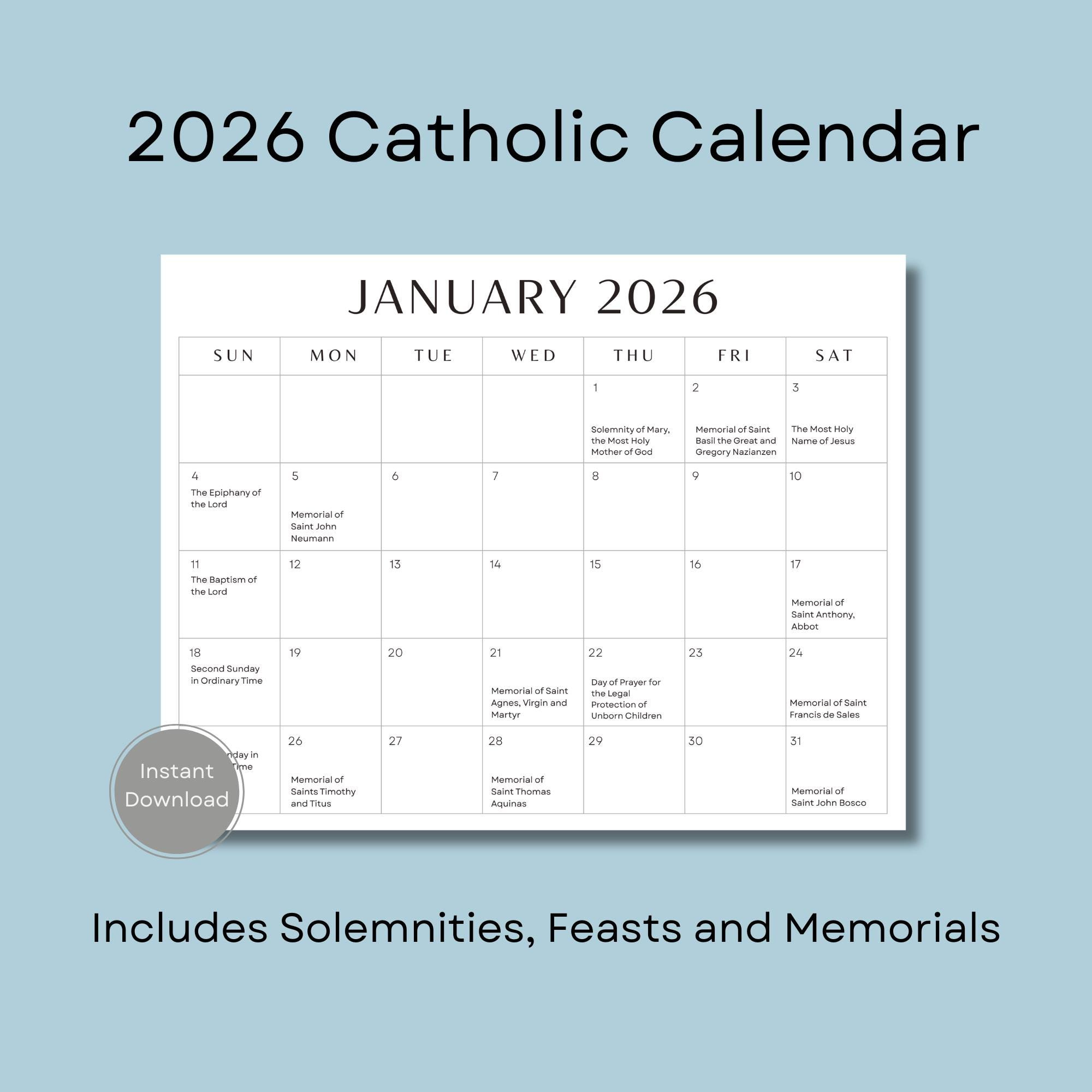 2026 Catholic Calendar, Printable Catholic Calendar, Feasts with regard to Catholic Calendar January 2026