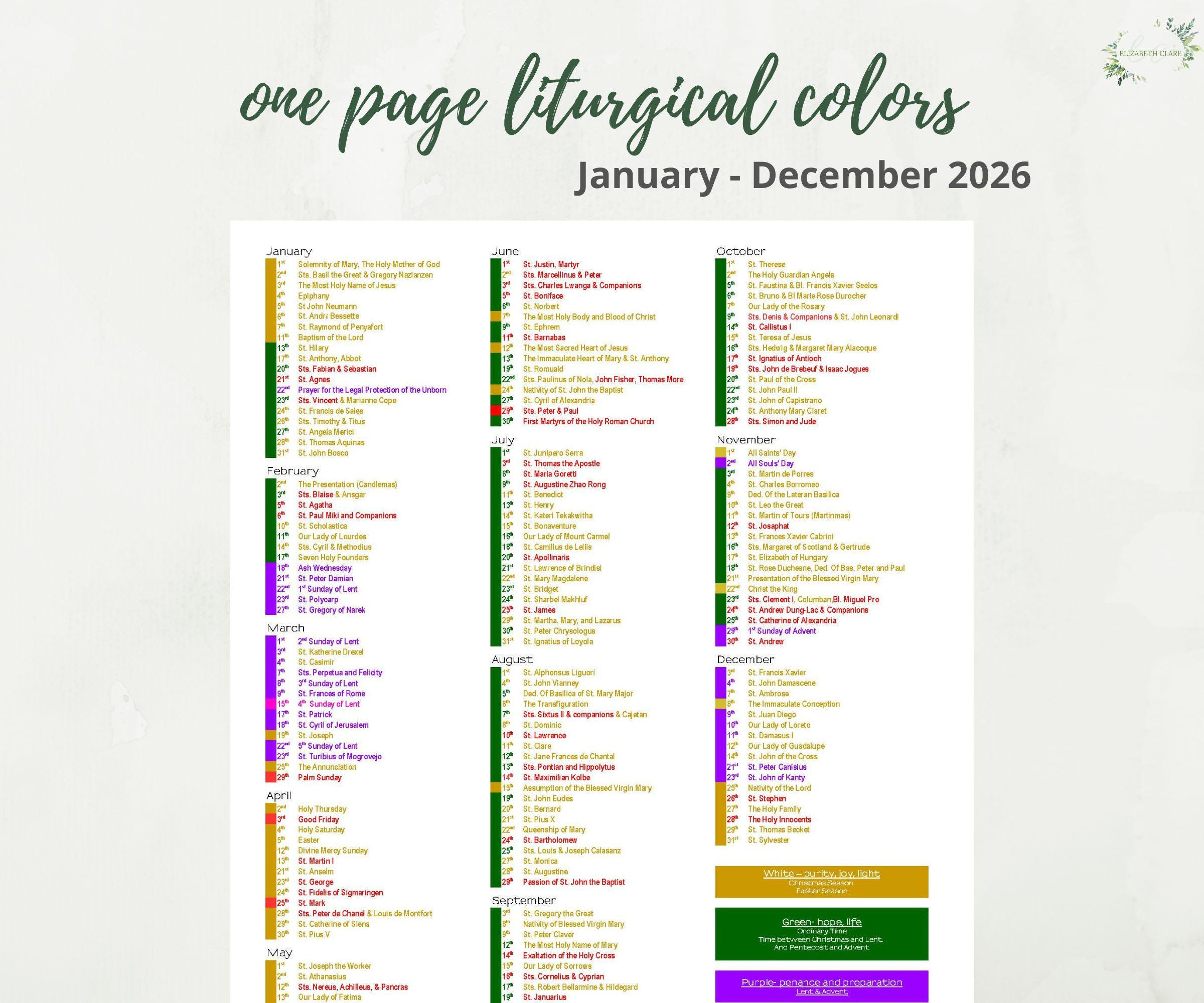 2026 Catholic Liturgical Year Calendar At A Glance: Liturgical within Pcusa Liturgical Calendar 2026