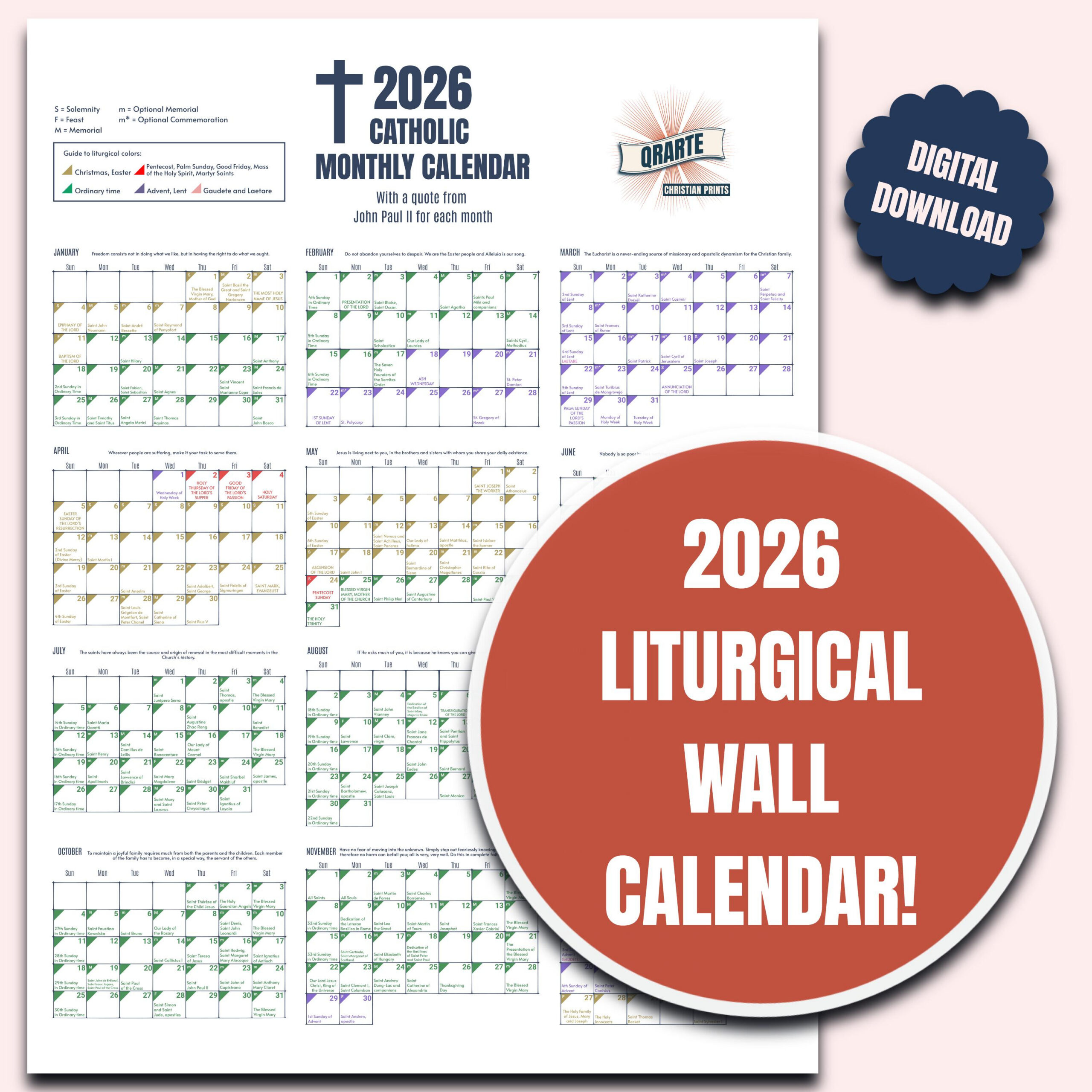 2026 Color-Coded Liturgical Calendar - Instant Download Catholic for Catholic Planning Calendar 2026
