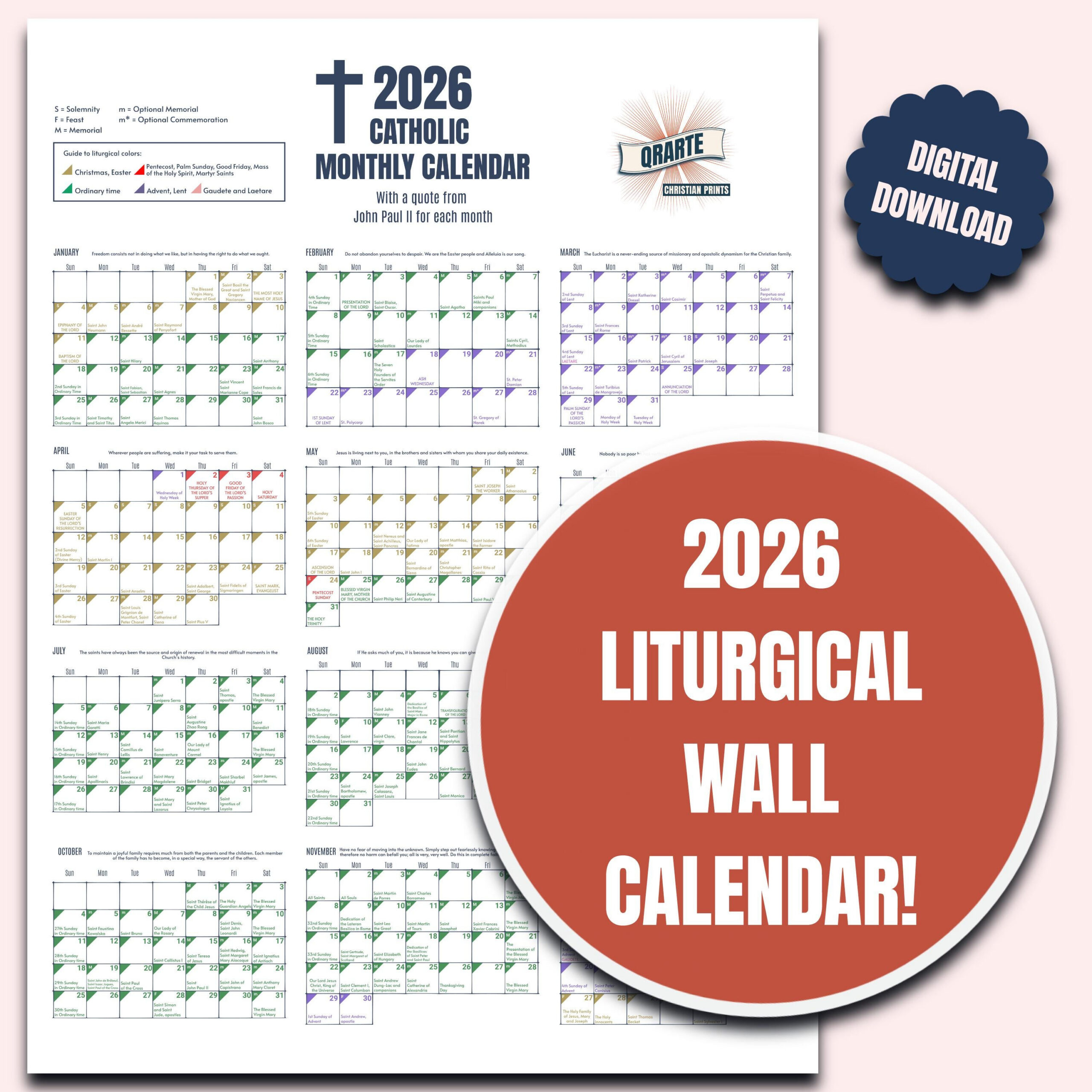 2026 Color-Coded Liturgical Calendar - Instant Download Catholic throughout Catholic Liturgical Wall Calendar 2026