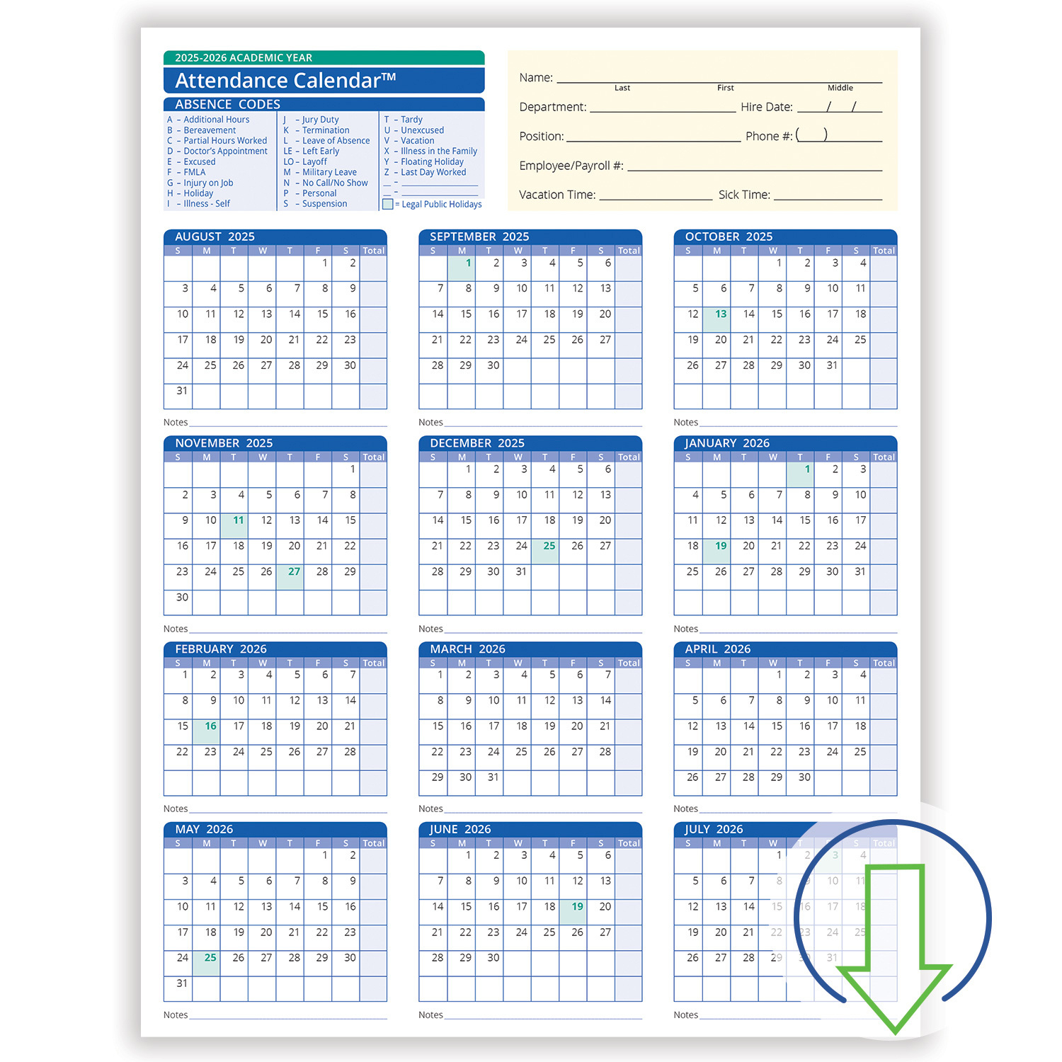 2026 Downloadable Academic Year Employee Attendance Calendar intended for 2026 Attendance Calendar Printable Free