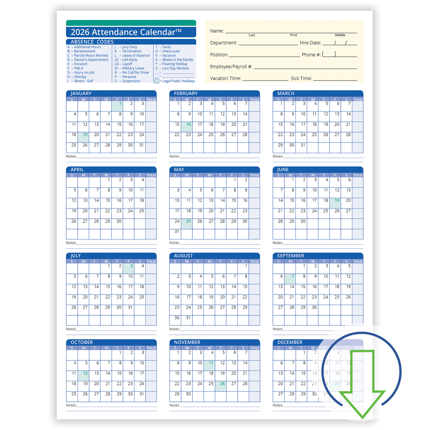 2026 Downloadable Employee Attendance Calendar | Hrdirect inside Employee Attendance Record 2026