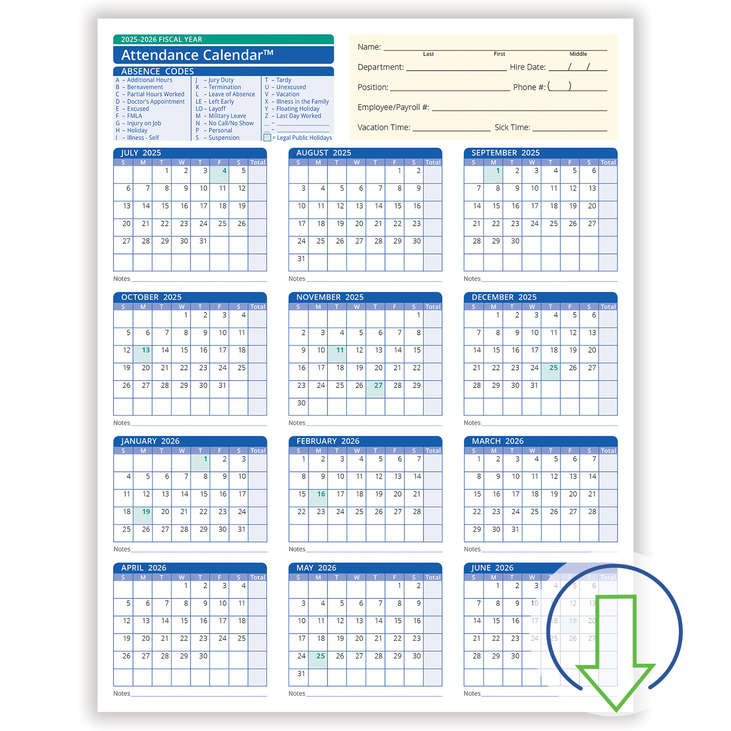 2026 Downloadable Fiscal Year Employee Attendance Calendar | Hrdirect with 2026 Employee Attendance Calendar Printable Free Download
