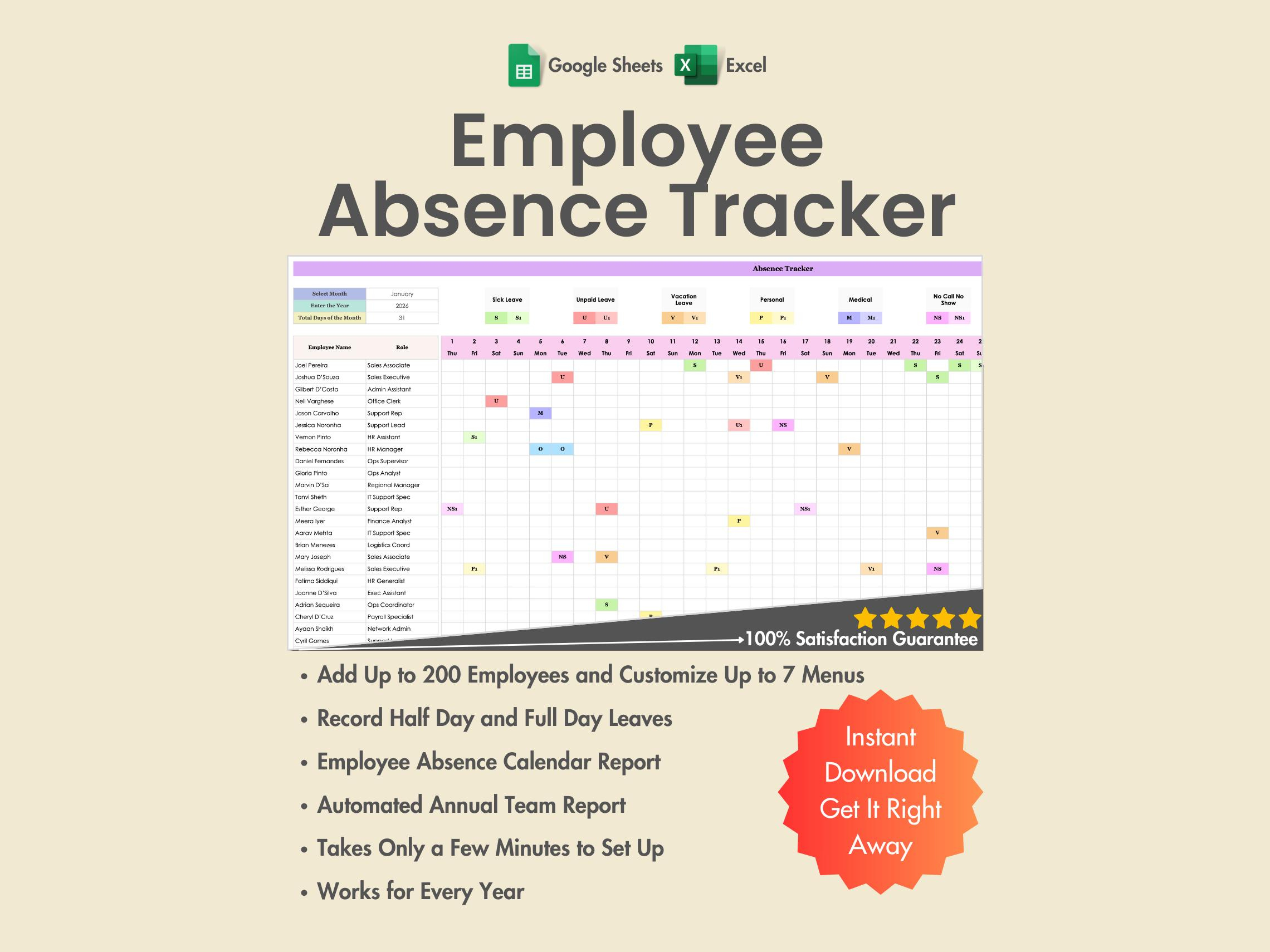 2026 Employee Absence Tracker, Excel, Google Sheets, Pto Planner regarding Attendance Controller 2026 Printable