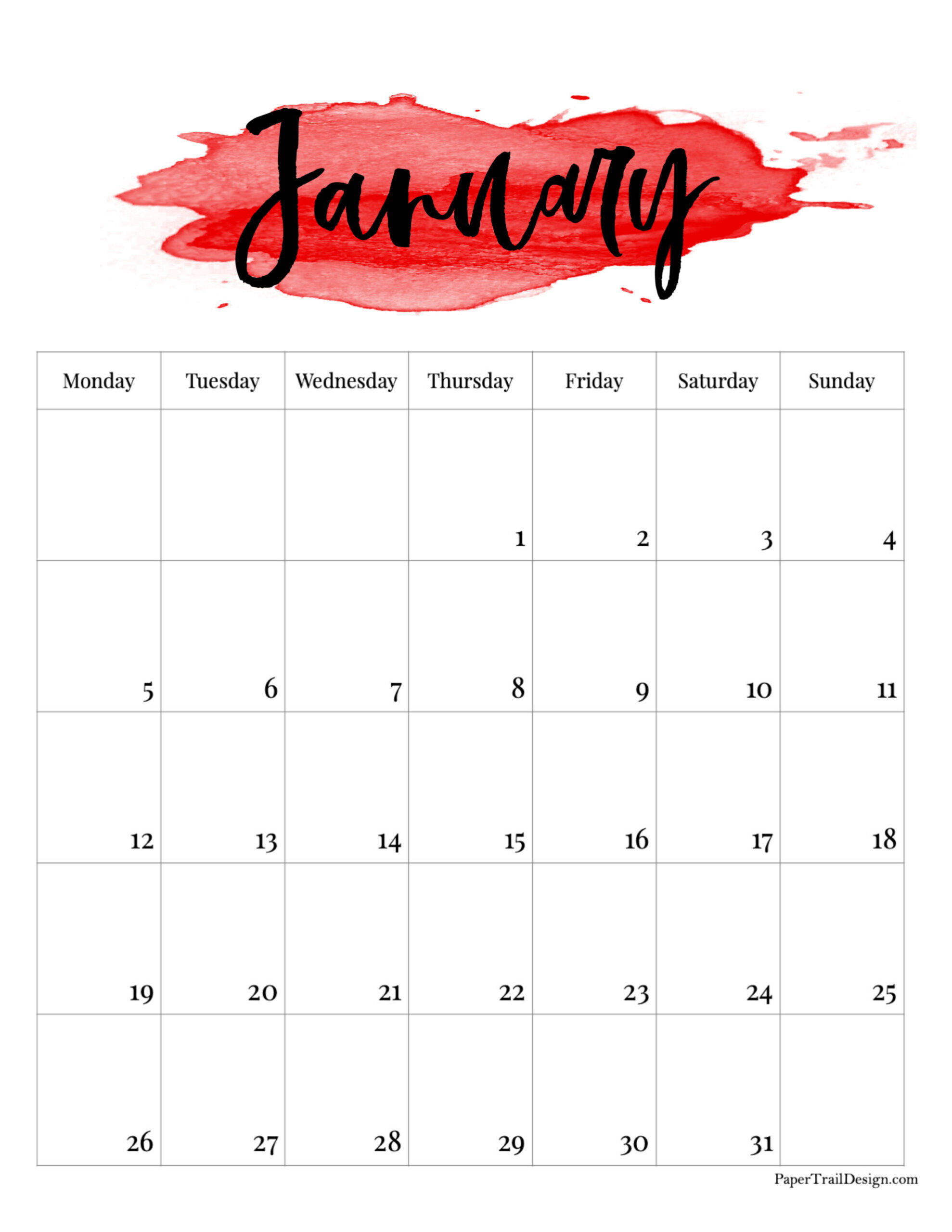 2026 Monday Start Watercolor Calendar - Paper Trail Design within January 2026 Calendar Printable Monday Start